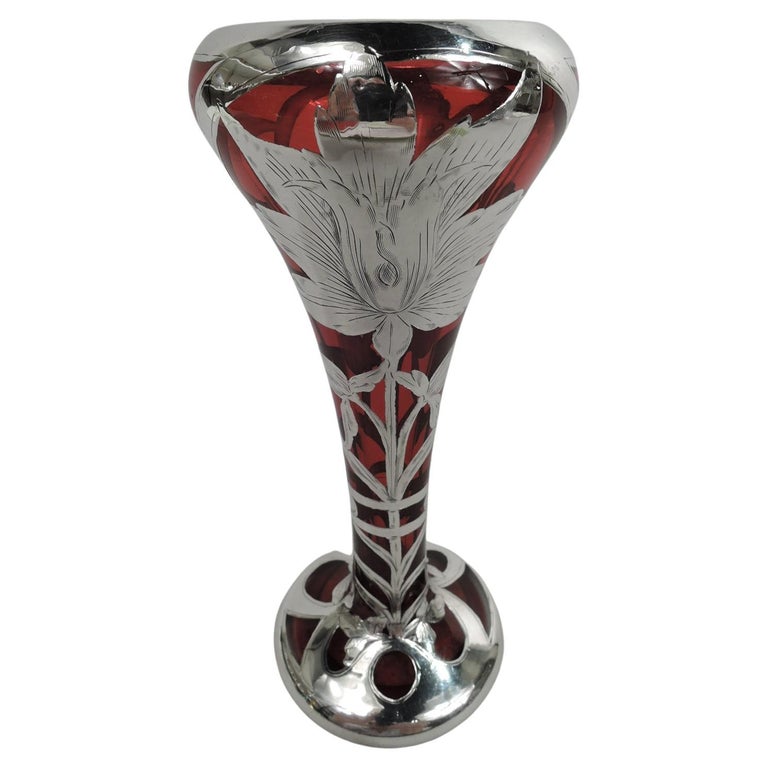Antique American Art Nouveau Red Silver Overlay Vase For Sale