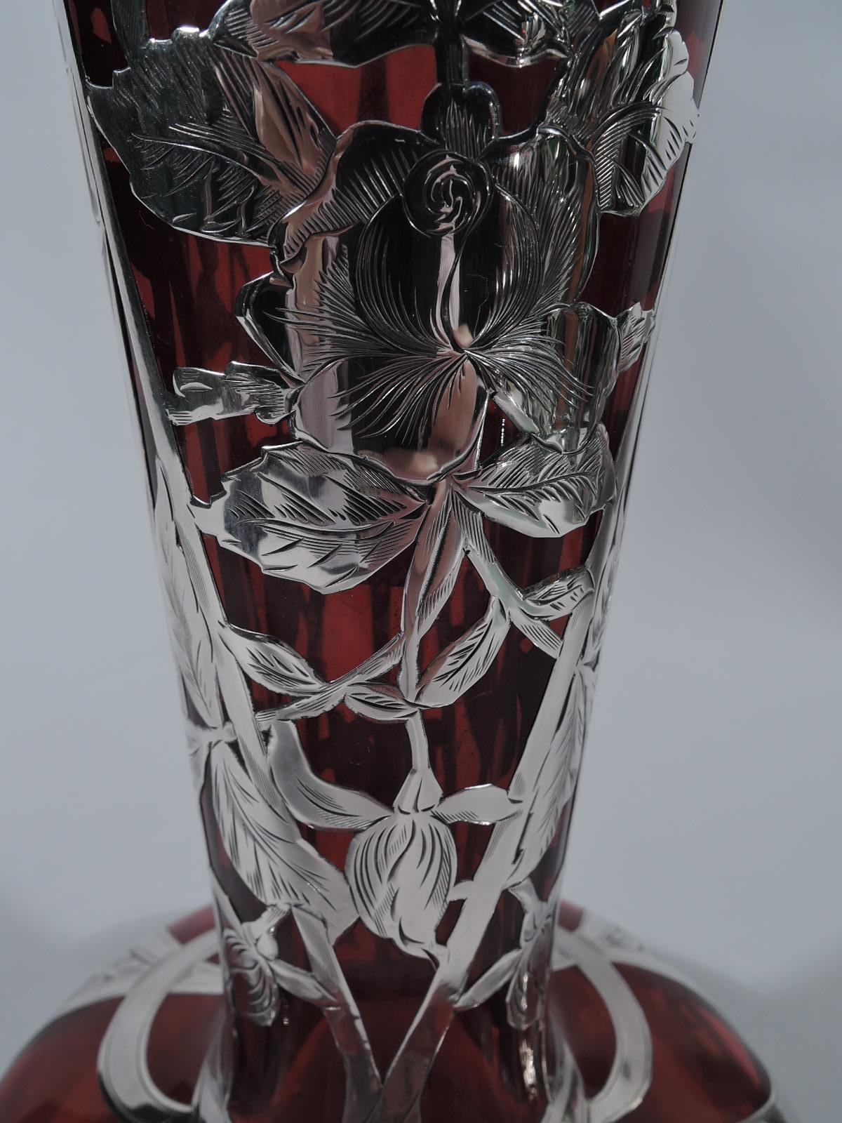 Antique American Art Nouveau Red Vase with Rose Silver Overlay In Excellent Condition In New York, NY