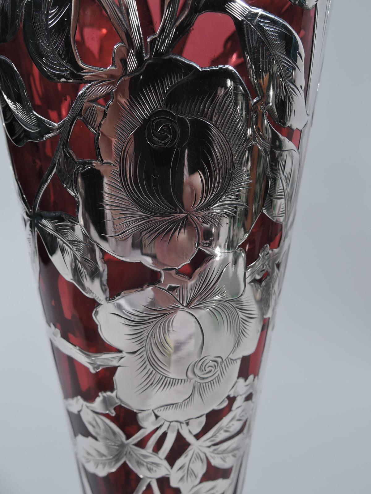 20th Century Antique American Art Nouveau Red Vase with Rose Silver Overlay