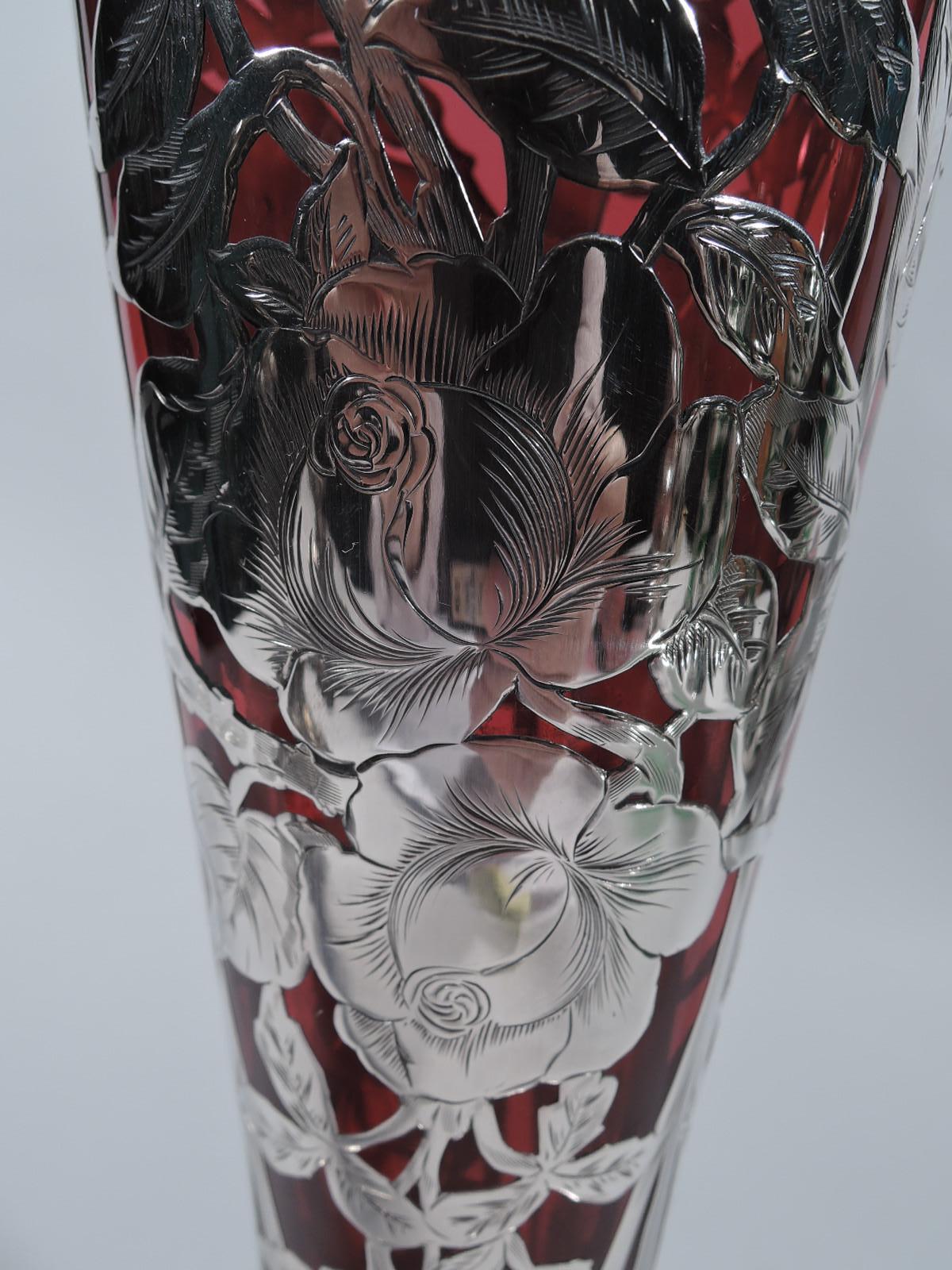 Antique American Art Nouveau Red Vase with Rose Silver Overlay 1