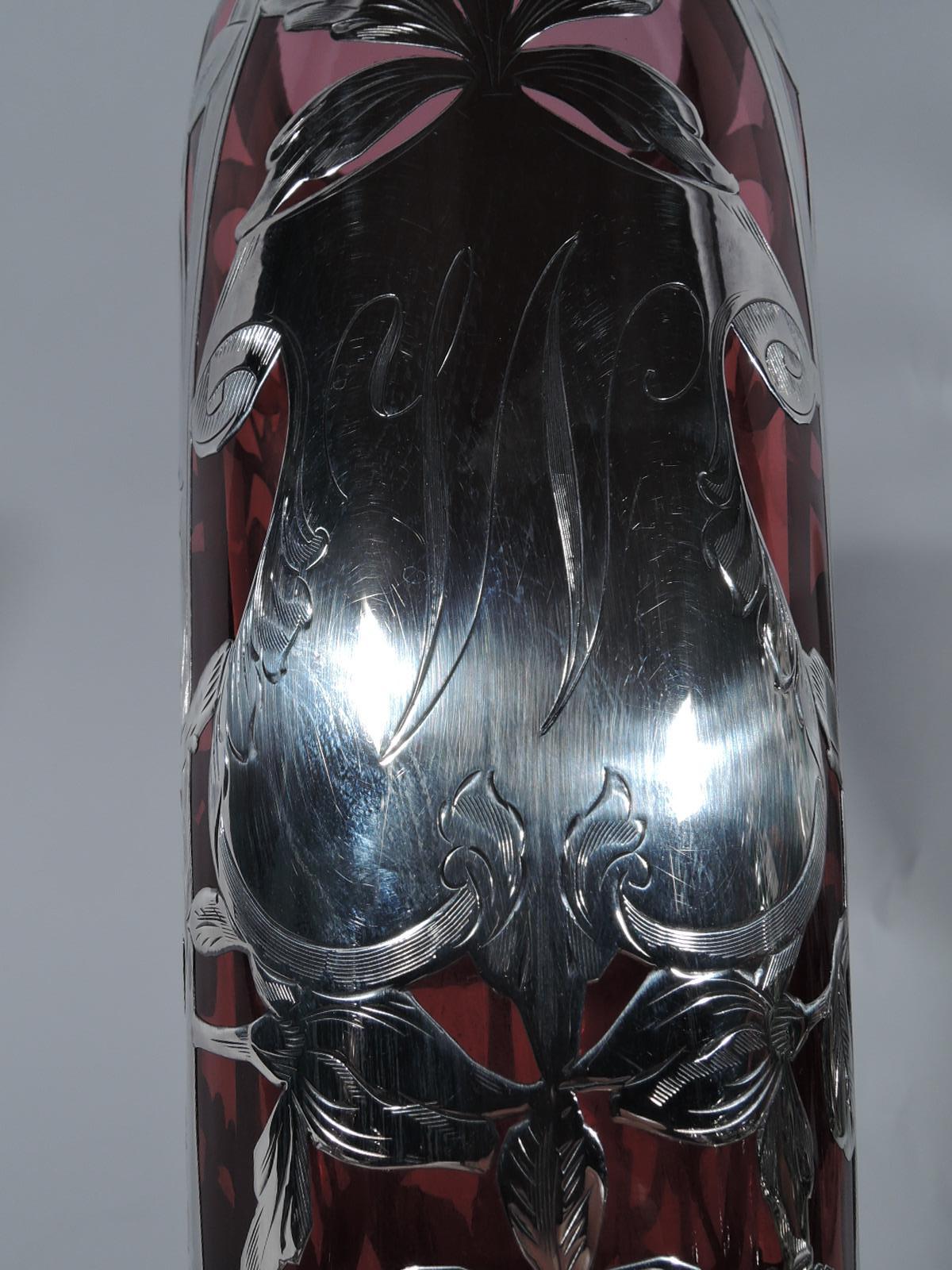 Antique American Art Nouveau Red Vase with Rose Silver Overlay 2