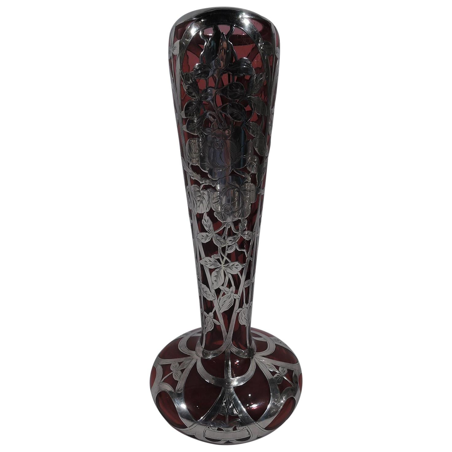 Antique American Art Nouveau Red Vase with Rose Silver Overlay