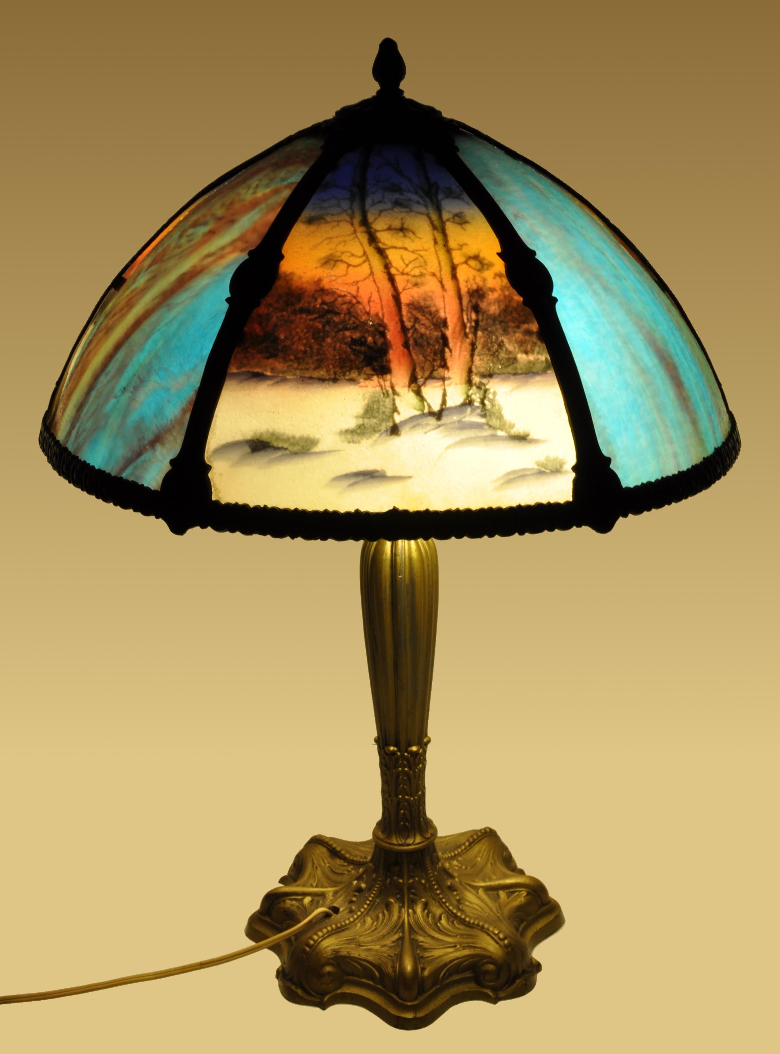 Antique American Art Nouveau Reverse Painted Landscape Table Lamp, circa 1910 2