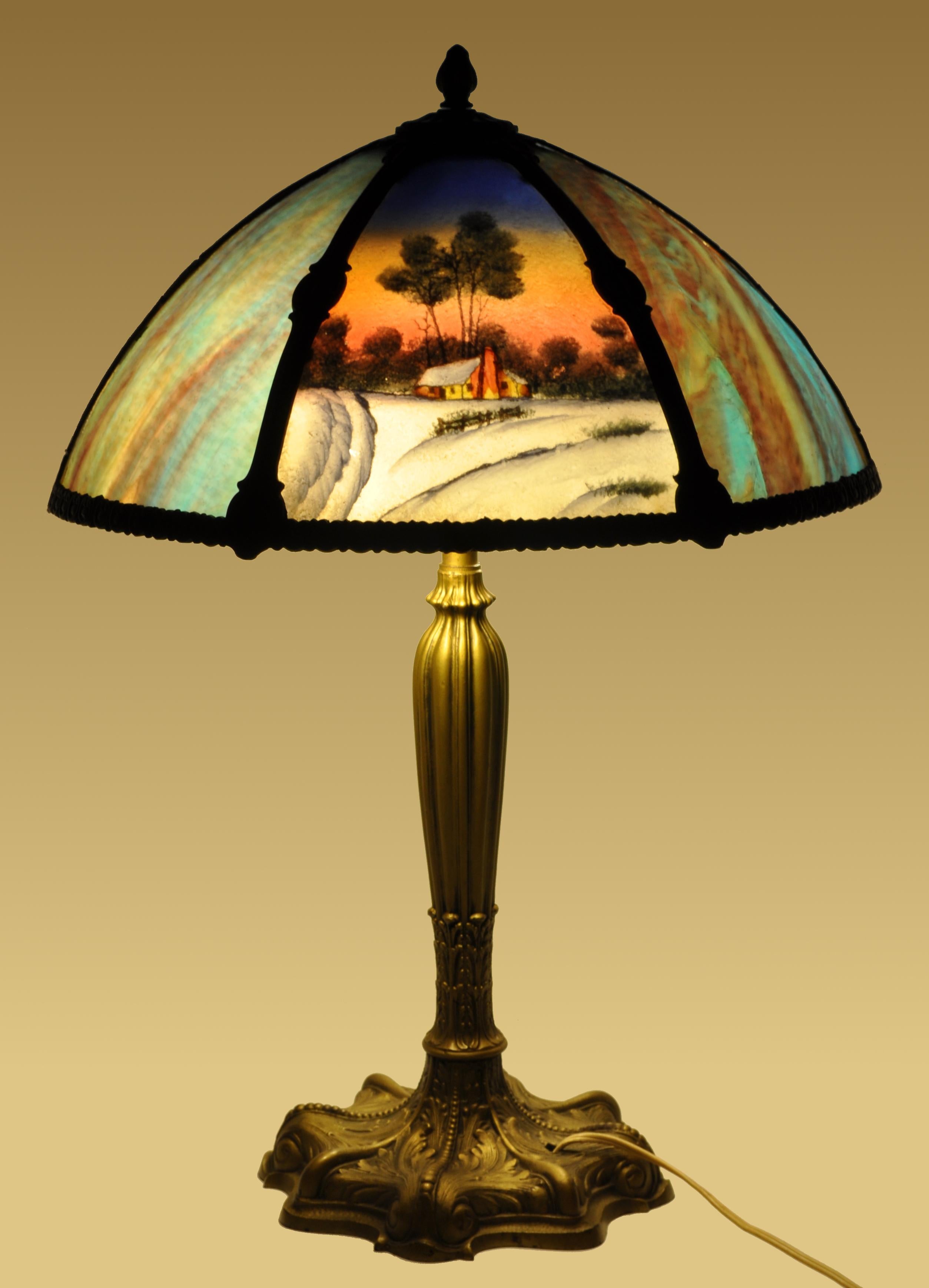 Antique American Art Nouveau Reverse Painted Landscape Table Lamp, circa 1910 3