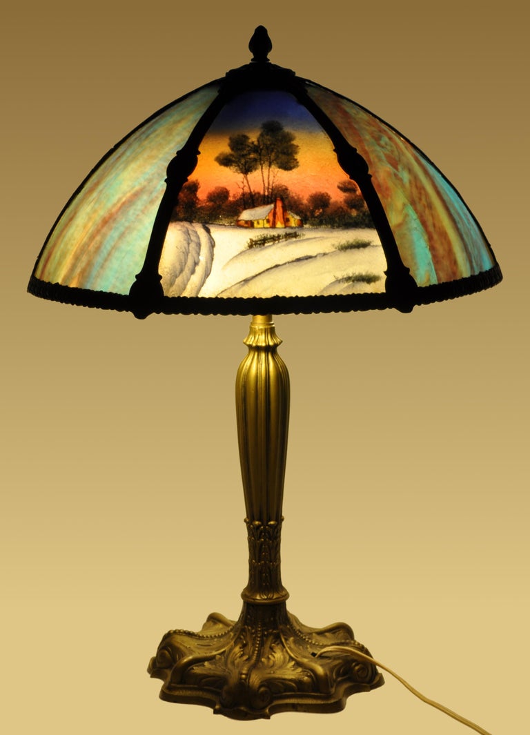 Antique American Art Nouveau Reverse Painted Landscape Table Lamp, circa 1910 For Sale 6