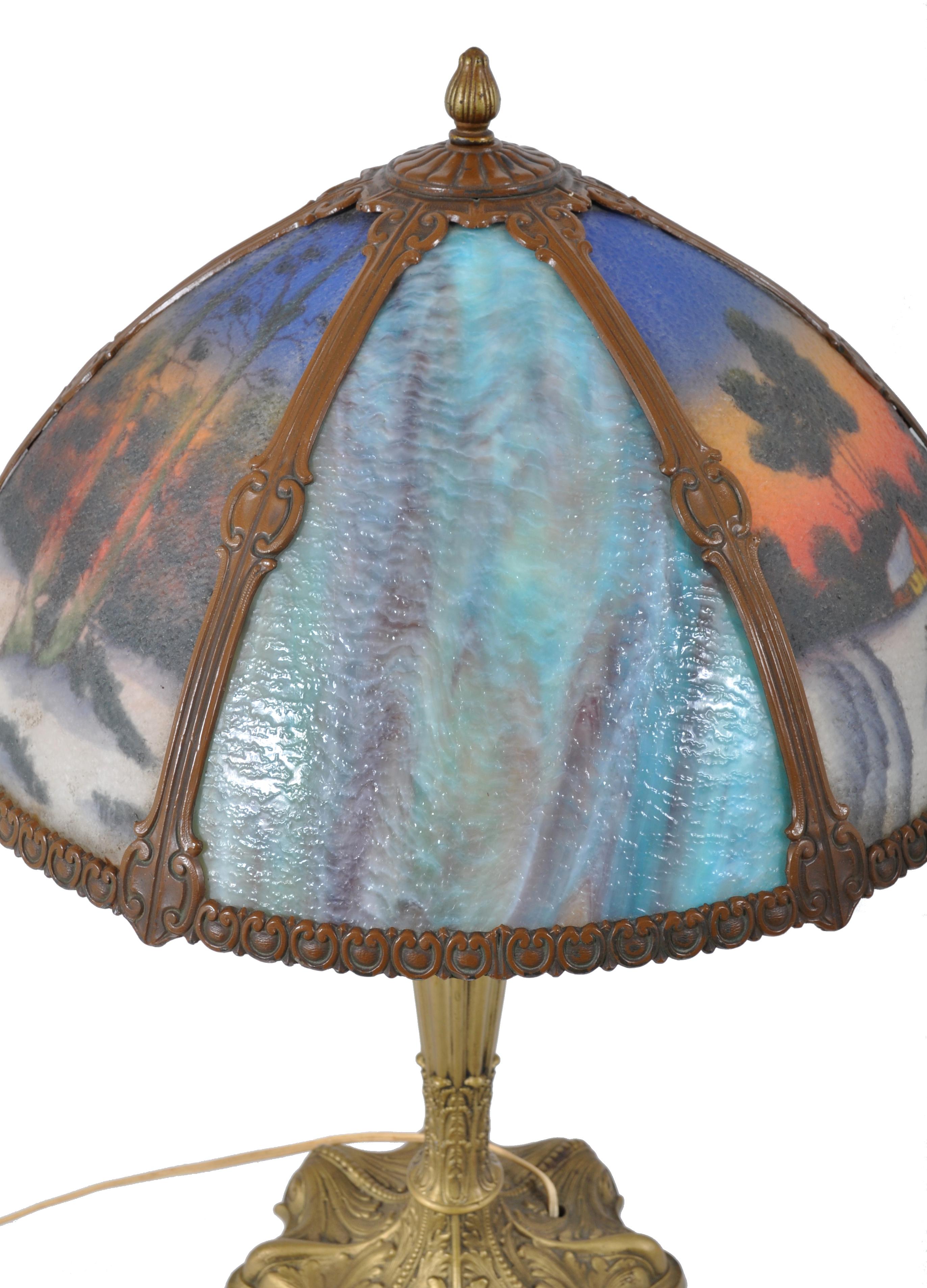 Antique American Art Nouveau Reverse Painted Landscape Table Lamp, circa 1910 In Good Condition In Portland, OR