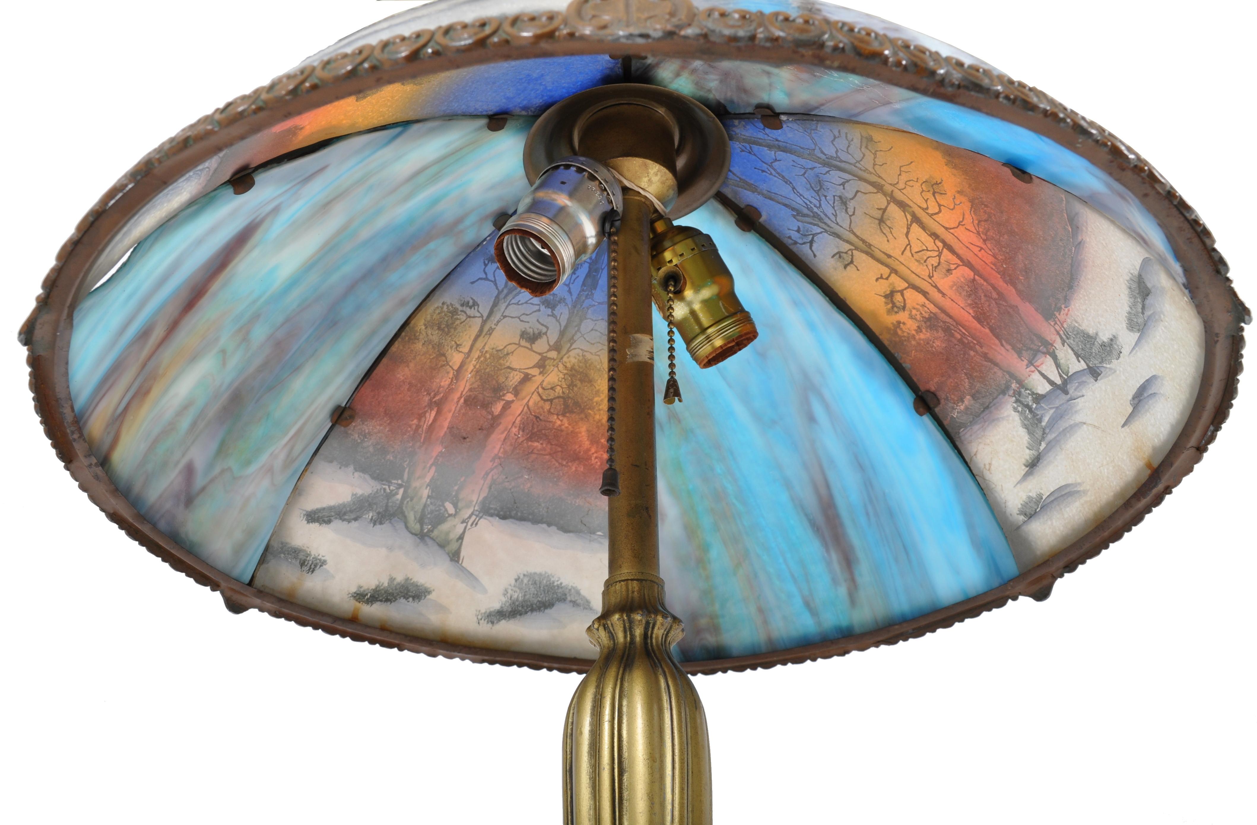 20th Century Antique American Art Nouveau Reverse Painted Landscape Table Lamp, circa 1910