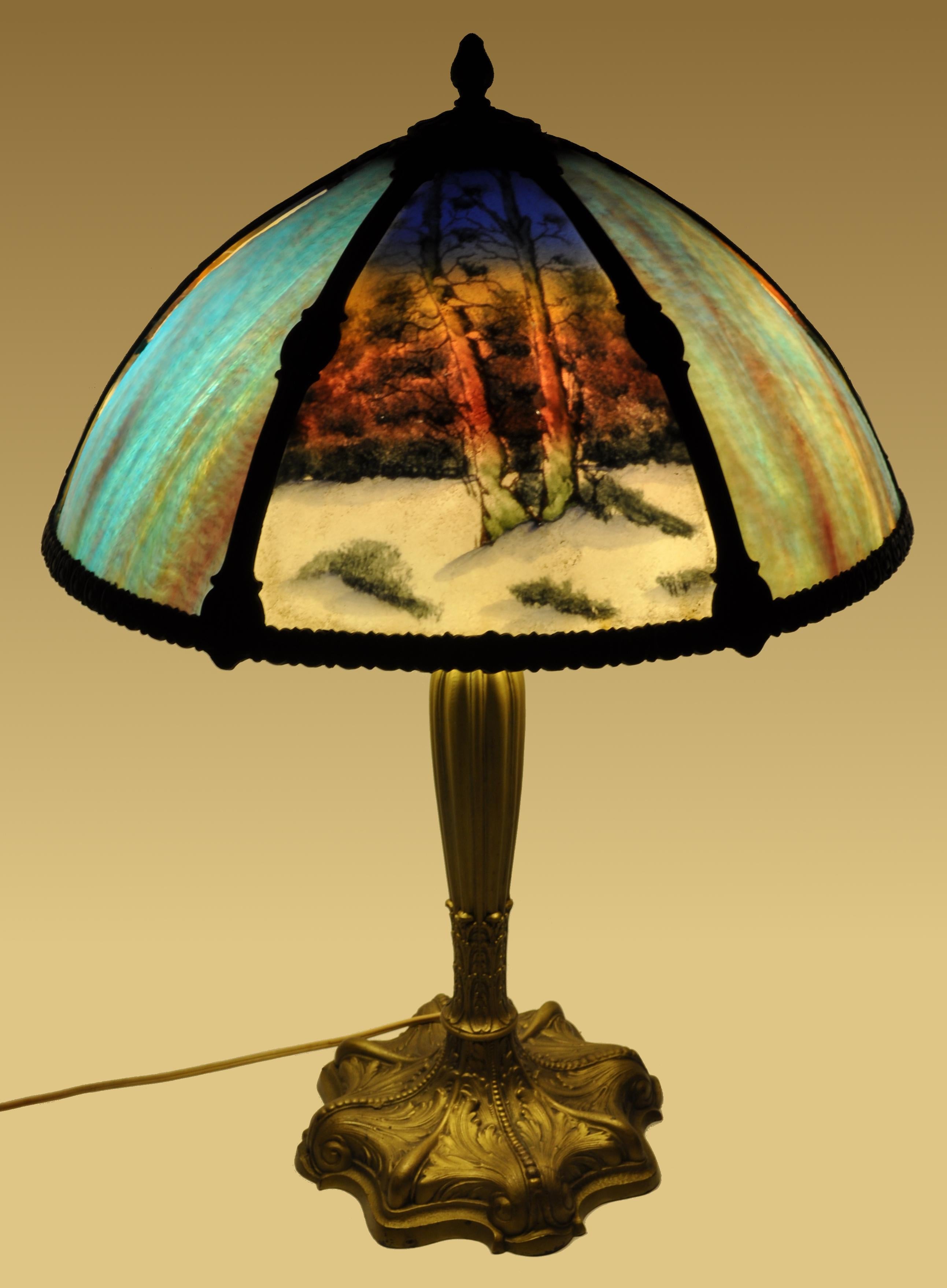 Bronze Antique American Art Nouveau Reverse Painted Landscape Table Lamp, circa 1910