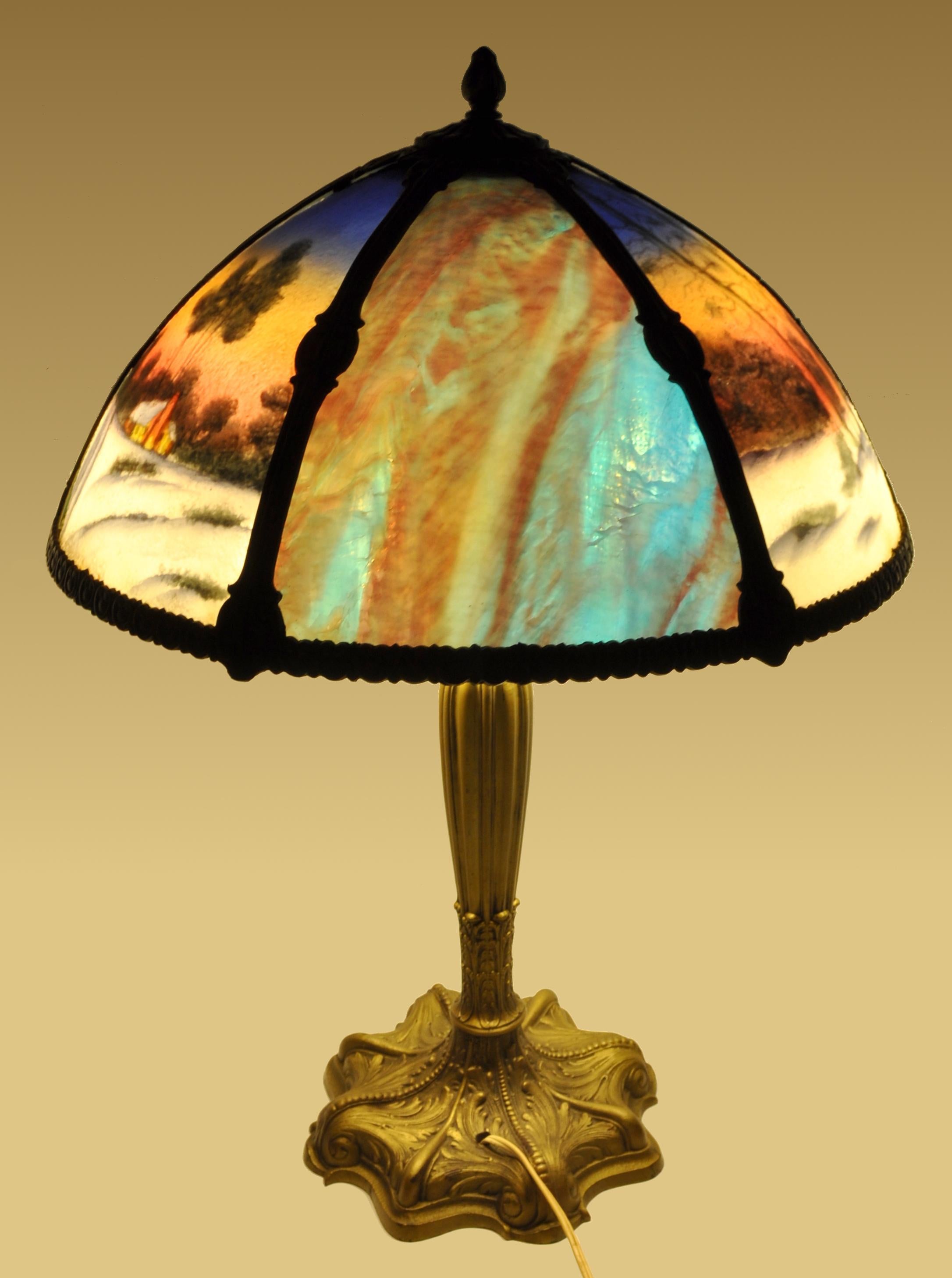 Antique American Art Nouveau Reverse Painted Landscape Table Lamp, circa 1910 1