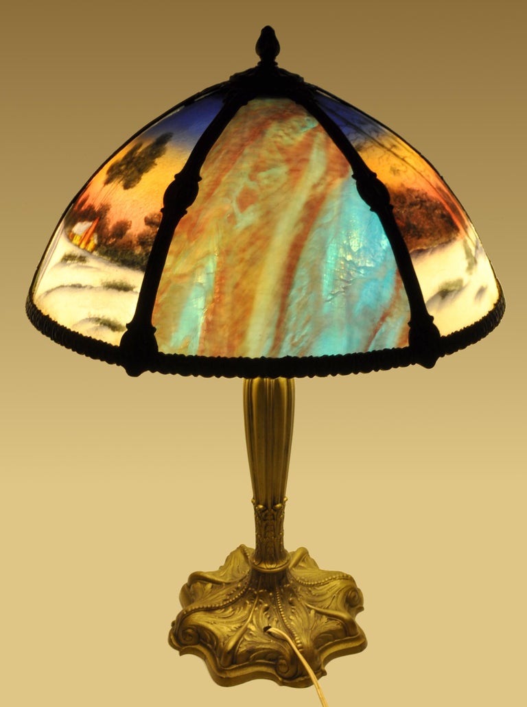 Antique American Art Nouveau Reverse Painted Landscape Table Lamp, circa 1910 For Sale 4