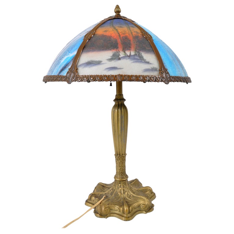 Antique American Art Nouveau Reverse Painted Landscape Table Lamp, circa 1910 For Sale