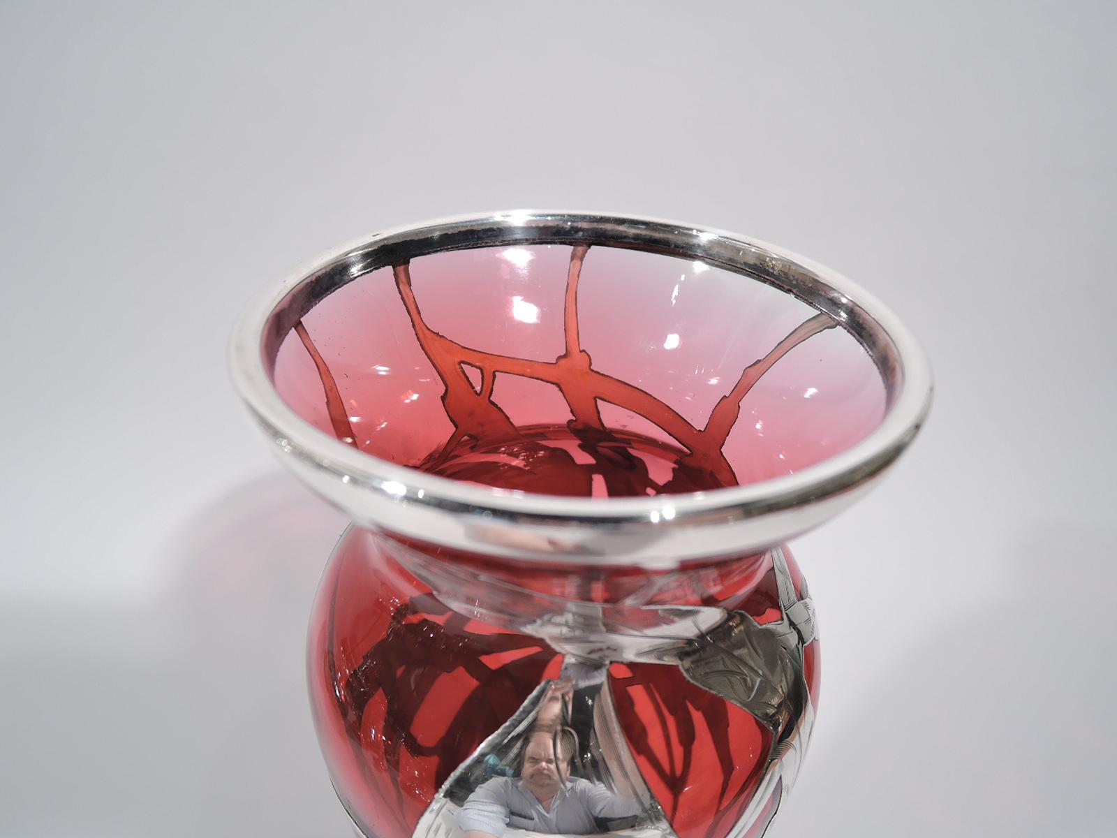 Antique American Art Nouveau Shaded Red Silver Overlay Vase In Excellent Condition In New York, NY