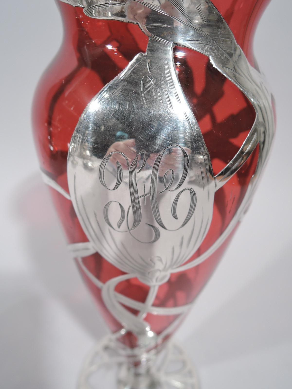 20th Century Antique American Art Nouveau Shaded Red Silver Overlay Vase