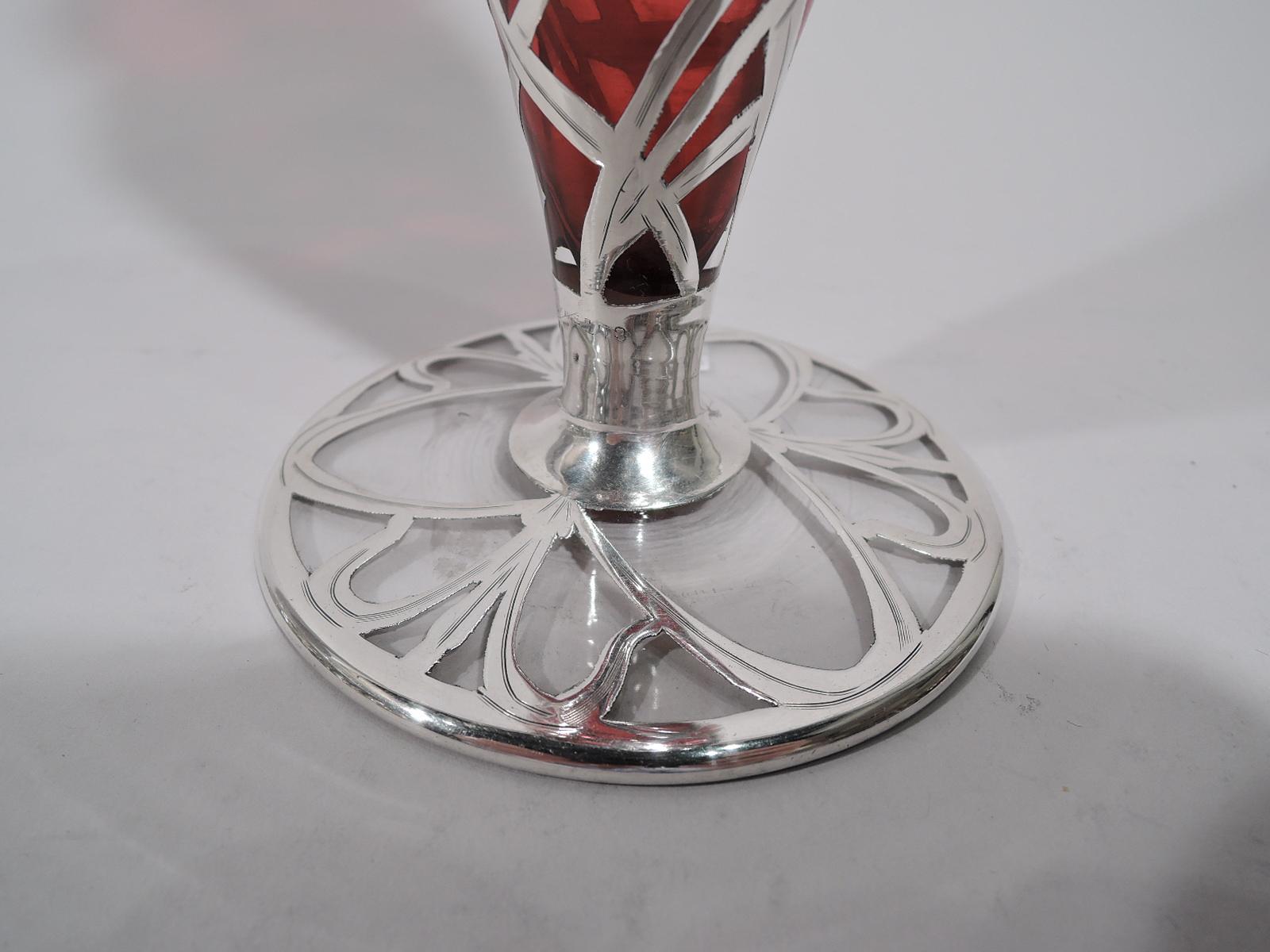 Antique American Art Nouveau Shaded Red Silver Overlay Vase 1