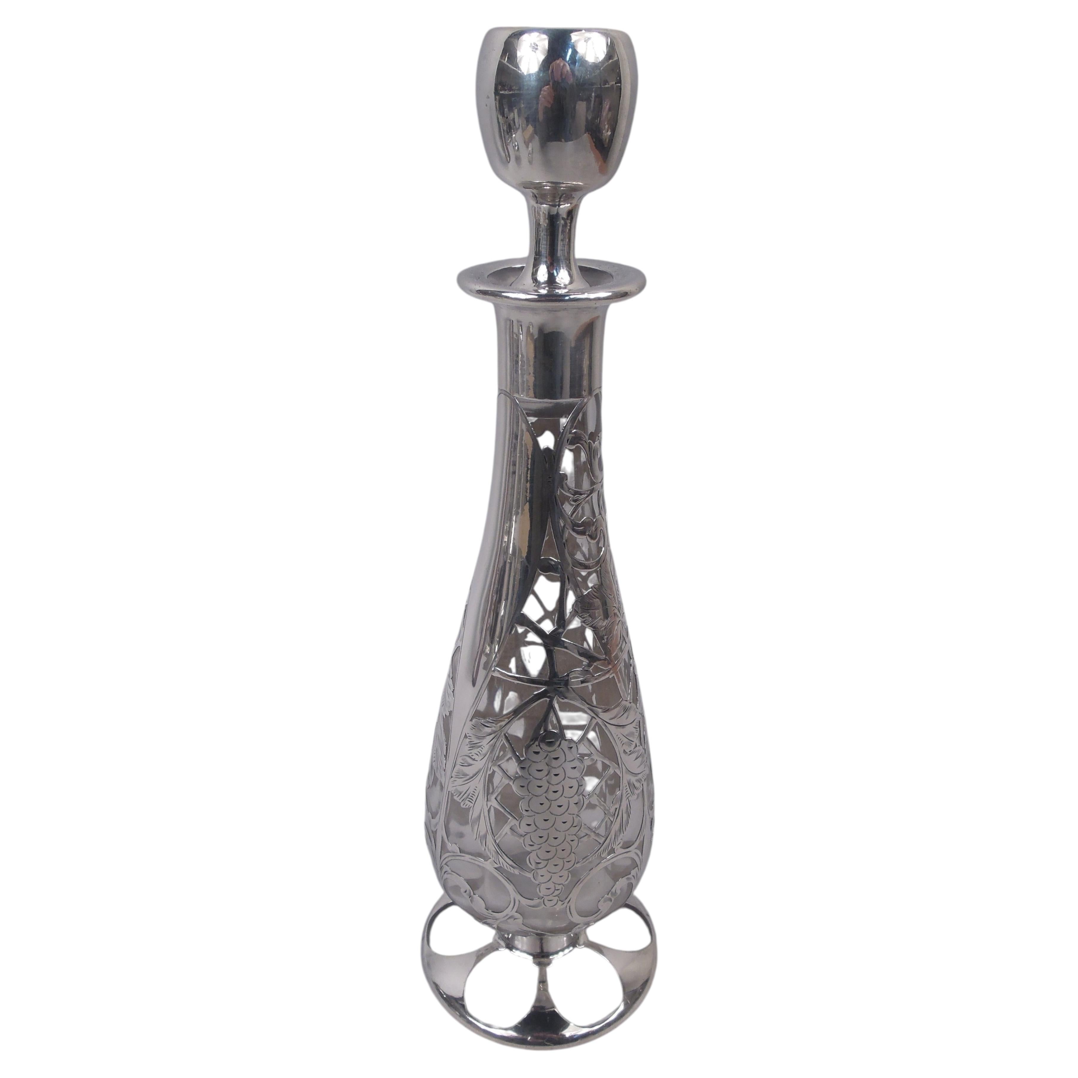 Antique American Art Nouveau Silver Overlay Decanter