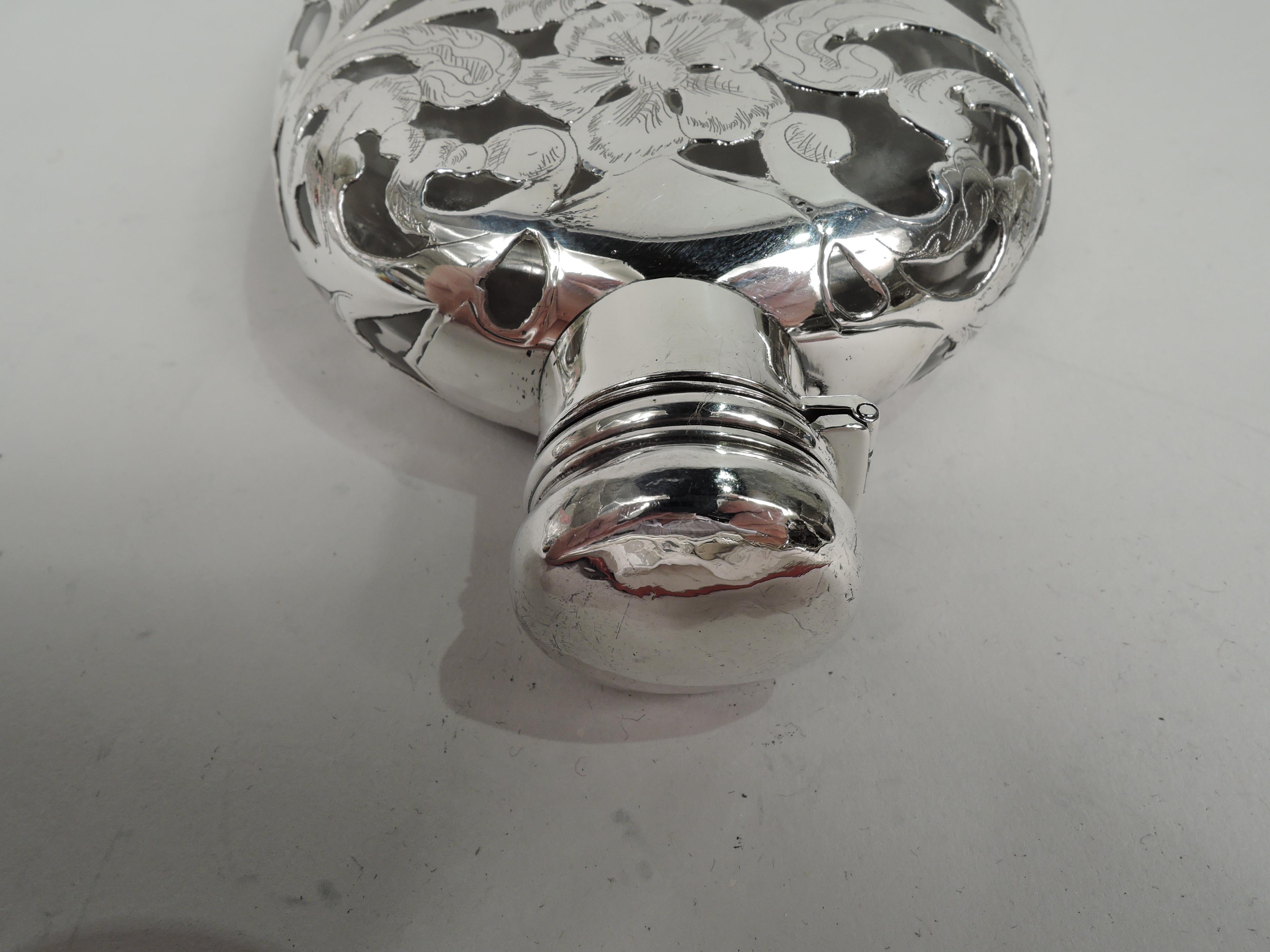 Antique American Art Nouveau Silver Overlay Flask In Excellent Condition For Sale In New York, NY