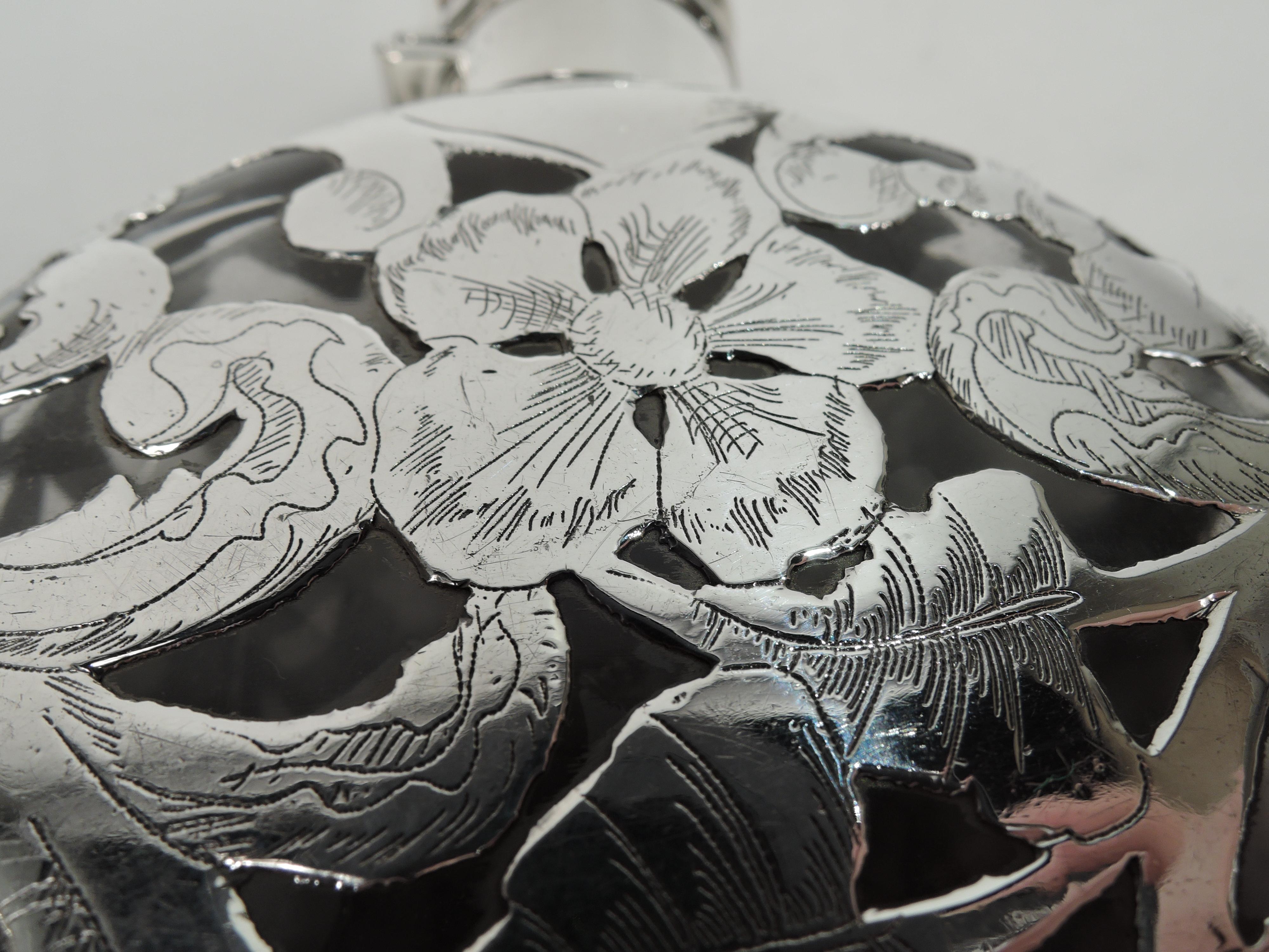 Antique American Art Nouveau Silver Overlay Flask For Sale 1