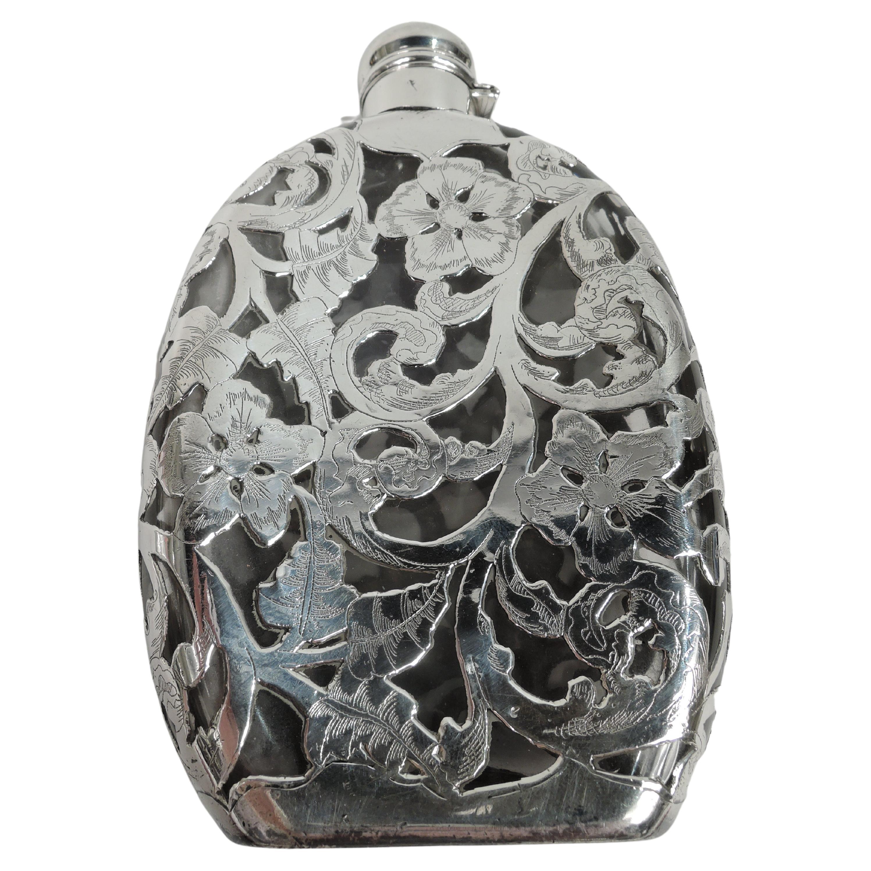 Antique American Art Nouveau Silver Overlay Flask