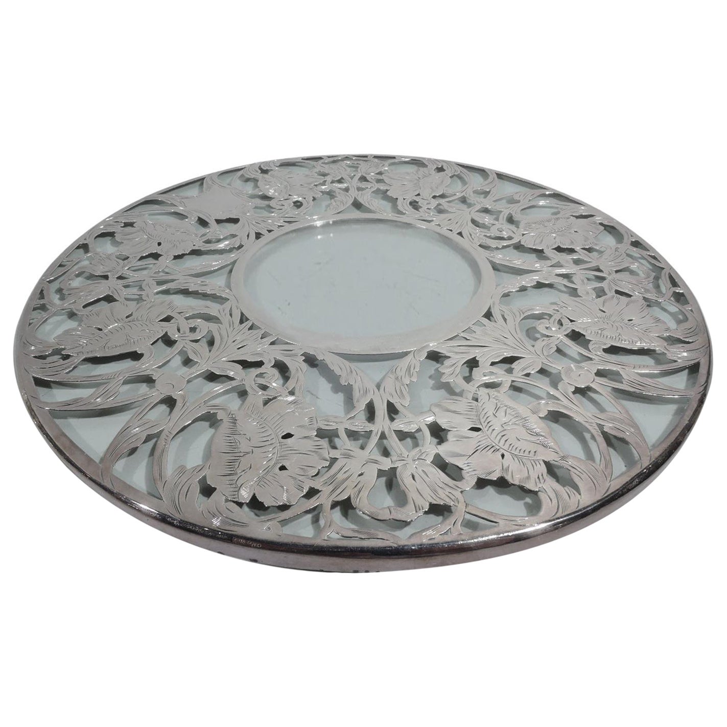 Antique American Art Nouveau Silver Overlay Floral Garland Trivet