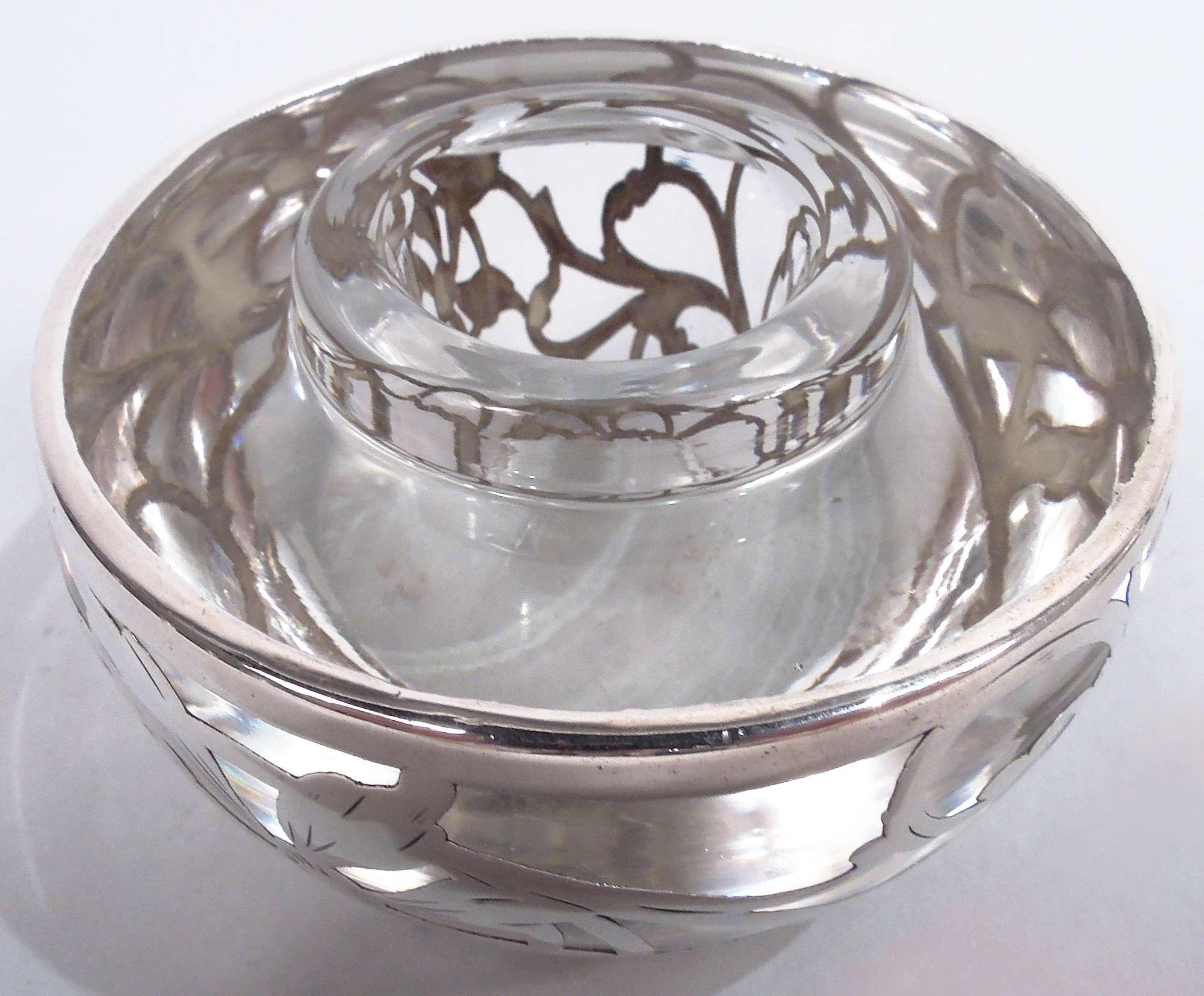 Antique American Art Nouveau Silver Overlay Inkwell 2