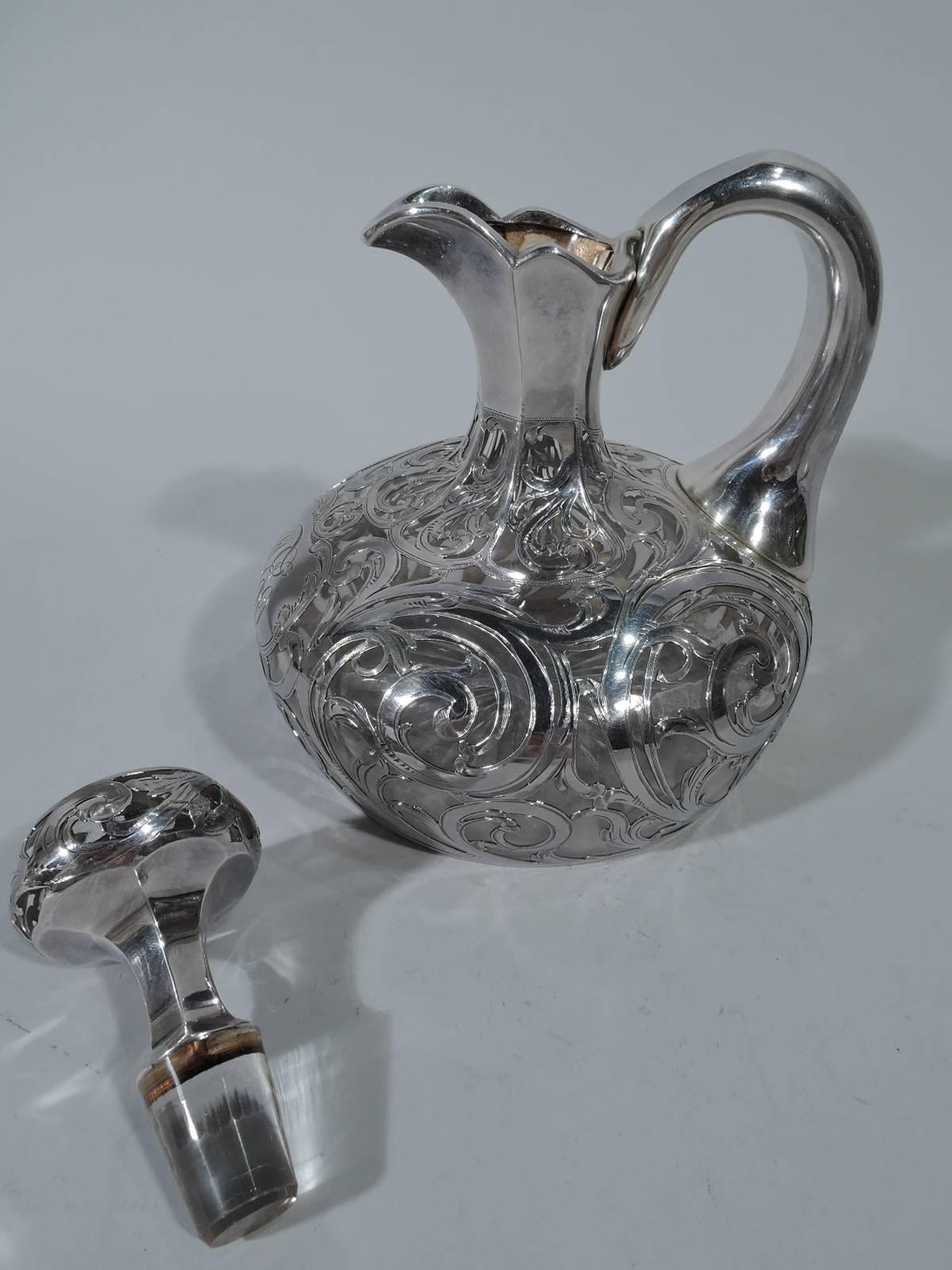 Antique American Art Nouveau Silver Overlay Jug Decanter by Alvin In Excellent Condition In New York, NY