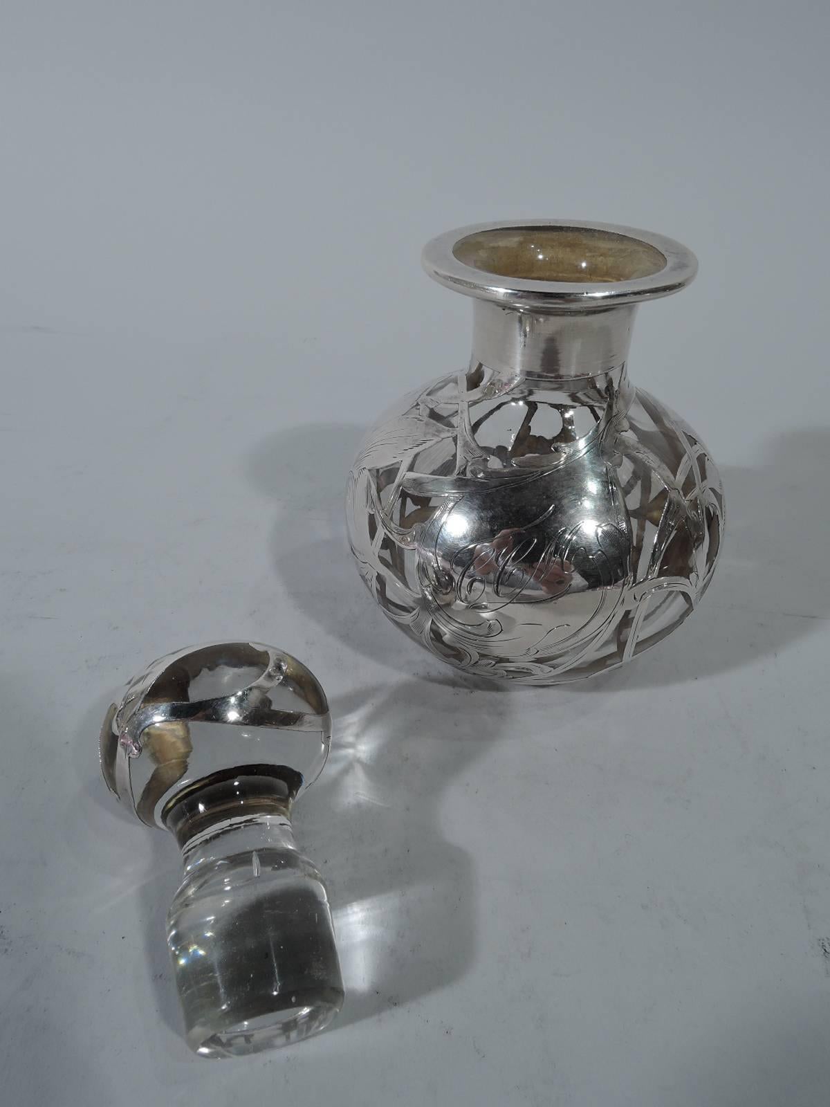 Antique American Art Nouveau Silver Overlay Perfume Bottle In Excellent Condition In New York, NY