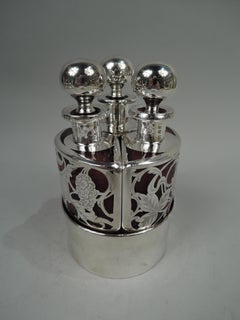 Antike amerikanische Jugendstil Silber Overlay Rot 3 Flasche Parfüm Set