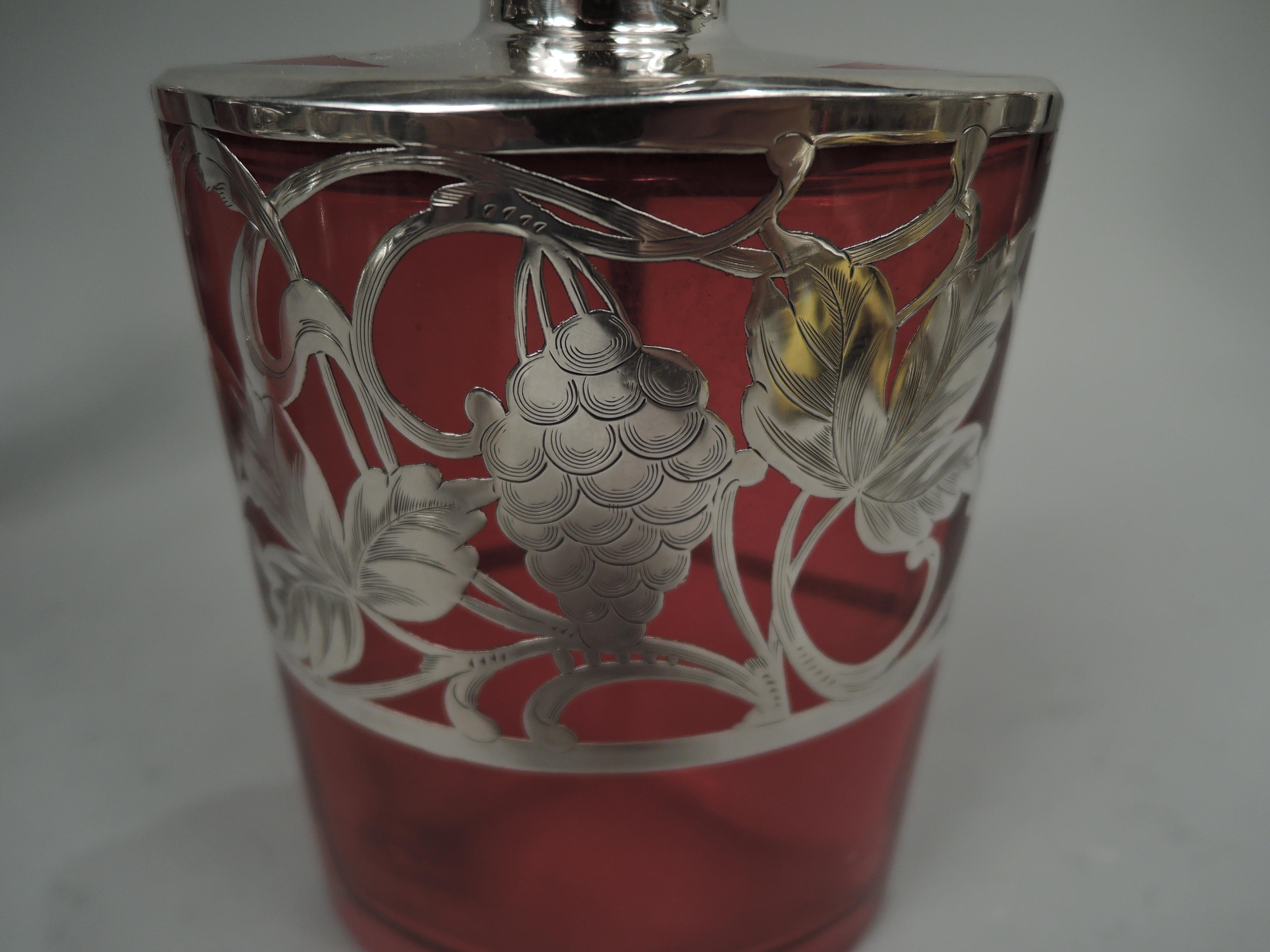 19th Century Antique American Art Nouveau Silver Overlay Red 3 Bottle Perfume Set