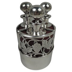 Antique American Art Nouveau Silver Overlay Red 3 Bottle Perfume Set