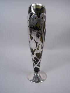 Antique American Art Nouveau Silver Overlay Vase in Rare Olive Green
