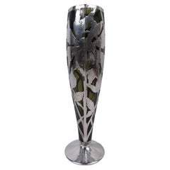 Antique American Art Nouveau Silver Overlay Vase in Rare Olive Green