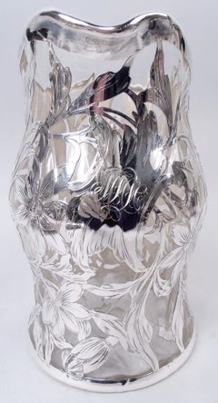 Antique American Art Nouveau Silver Overlay Water Pitcher