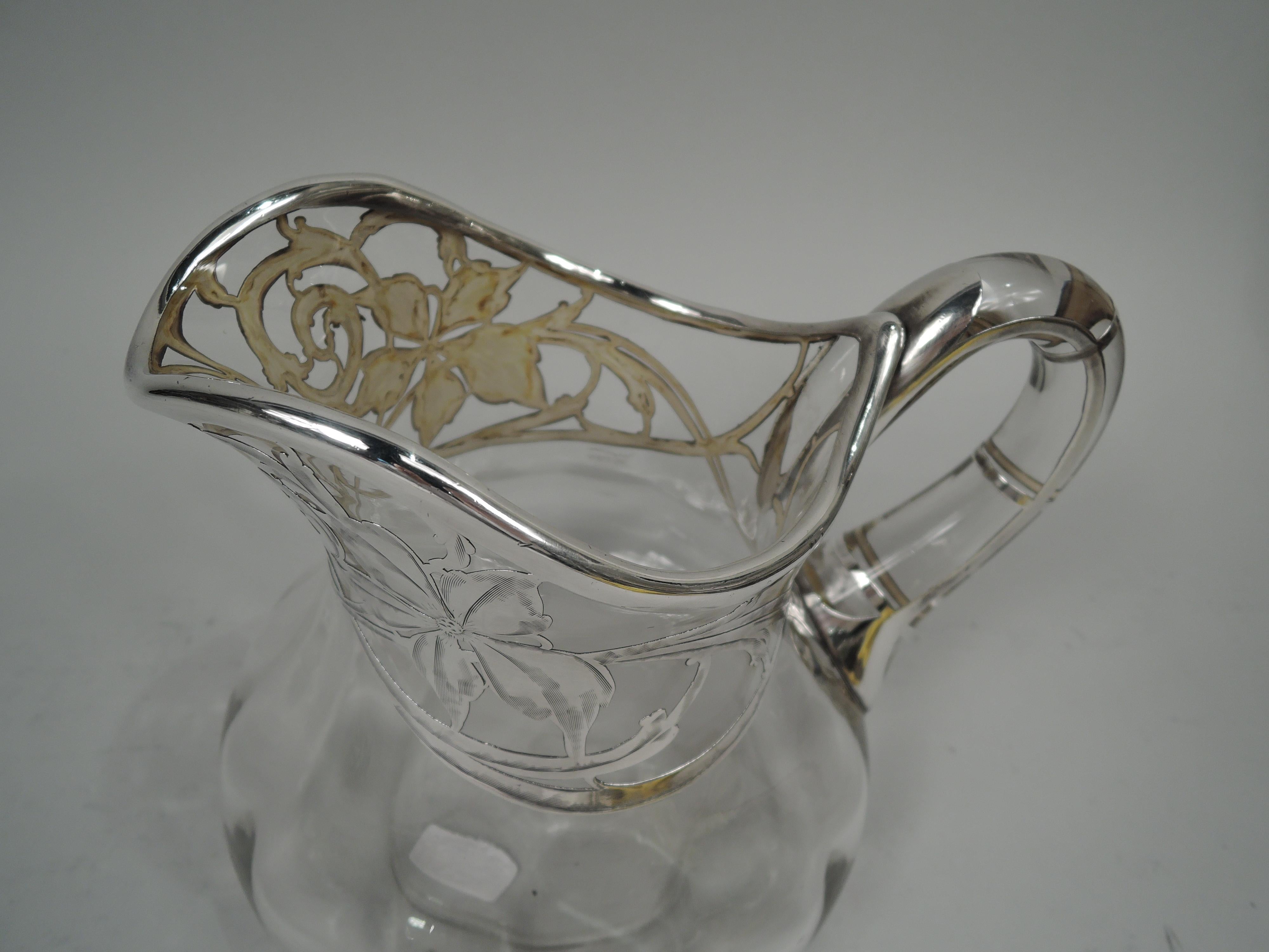 20th Century Antique American Art Nouveau Silver Overlay Water Pitcher