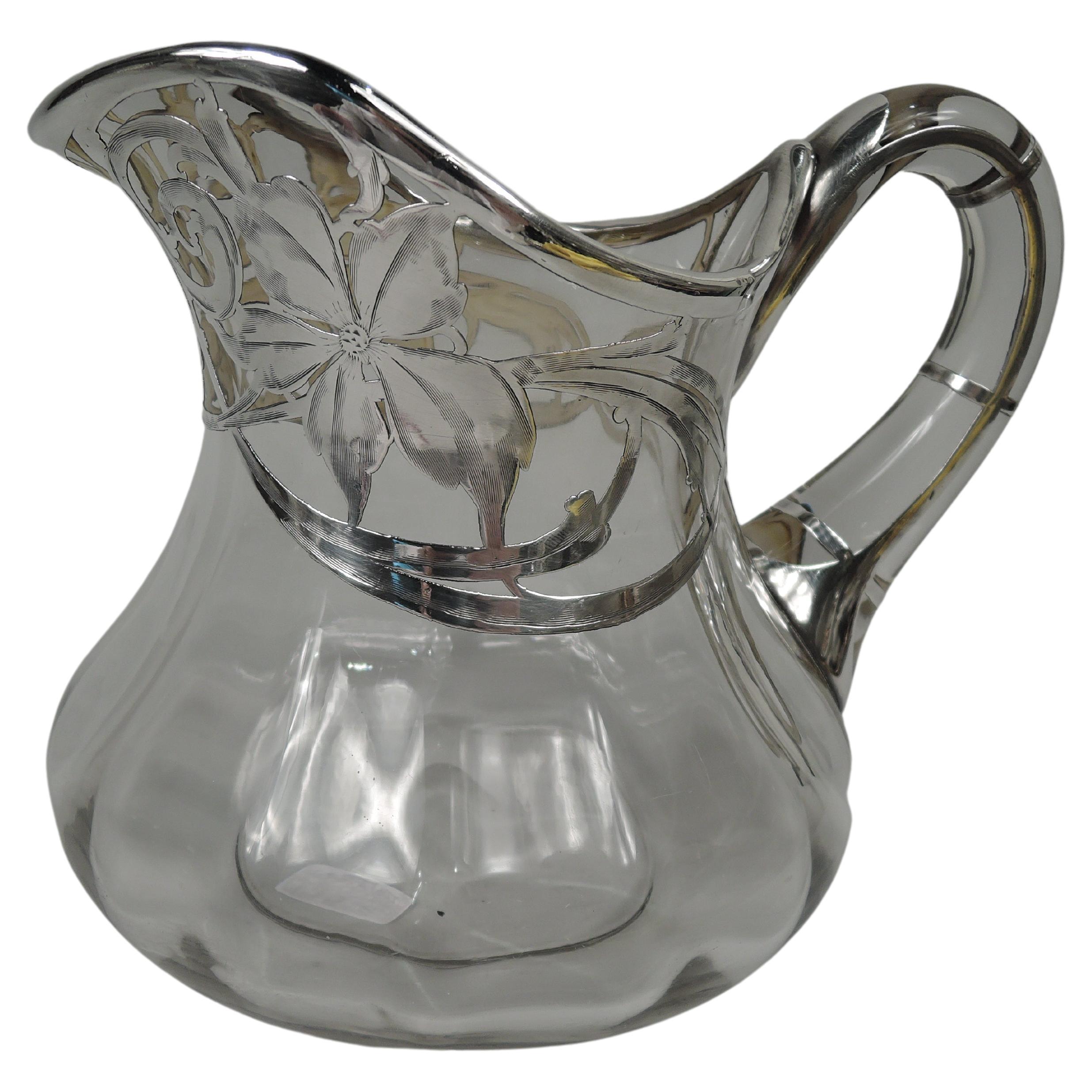 Antique American Art Nouveau Silver Overlay Water Pitcher