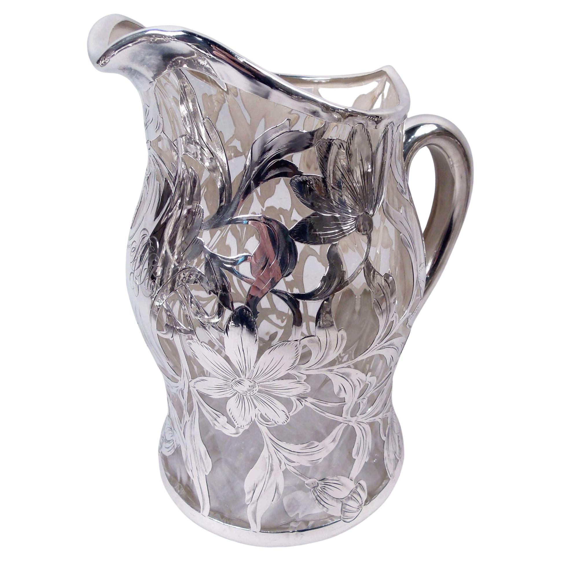 Antique American Art Nouveau Silver Overlay Water Pitcher