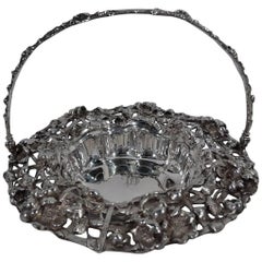 Panier à fleurs ancien en argent sterling de style Art nouveau américain