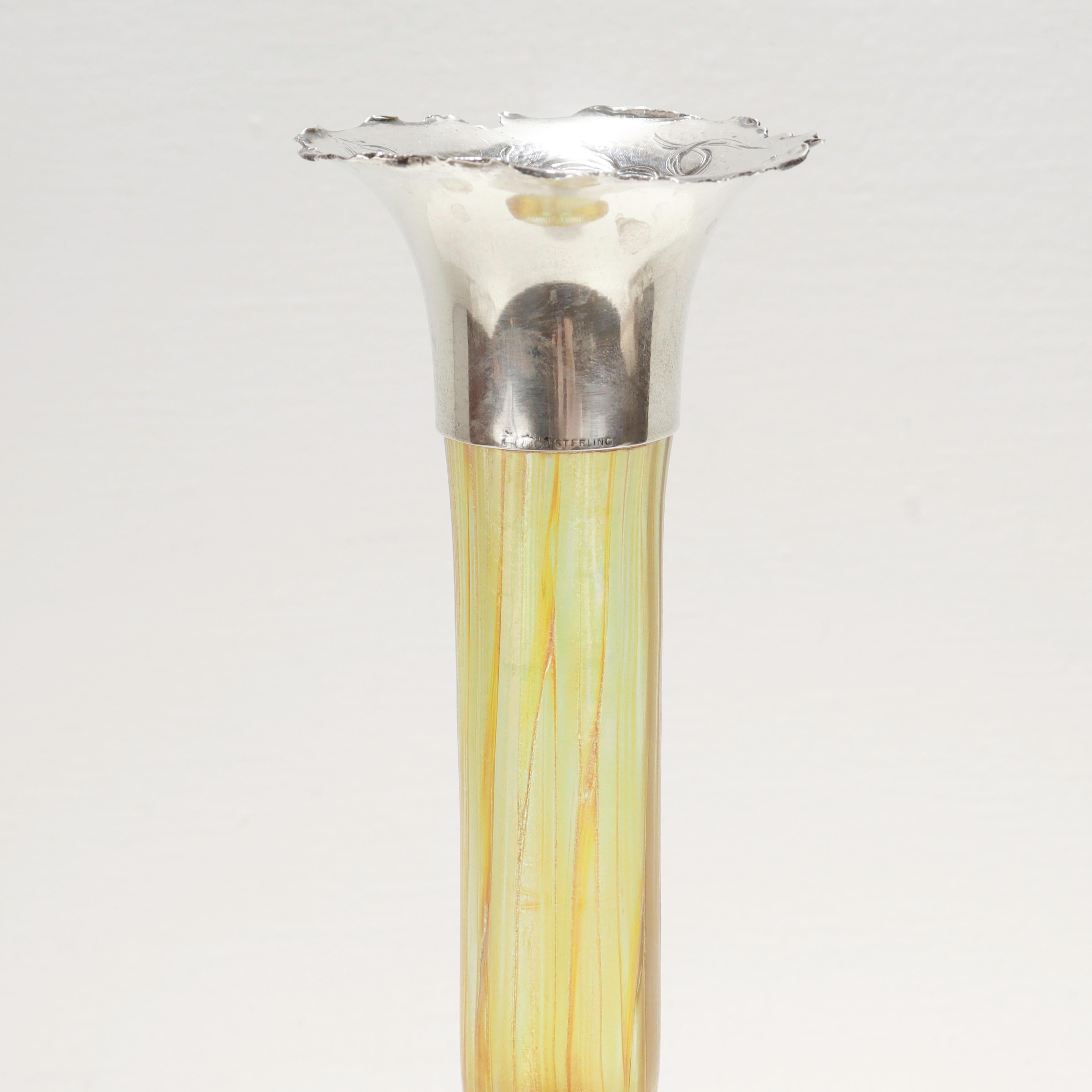 Antique American Art Nouveau Sterling Silver & Loetz Phaenomen Art Glass Vase For Sale 5