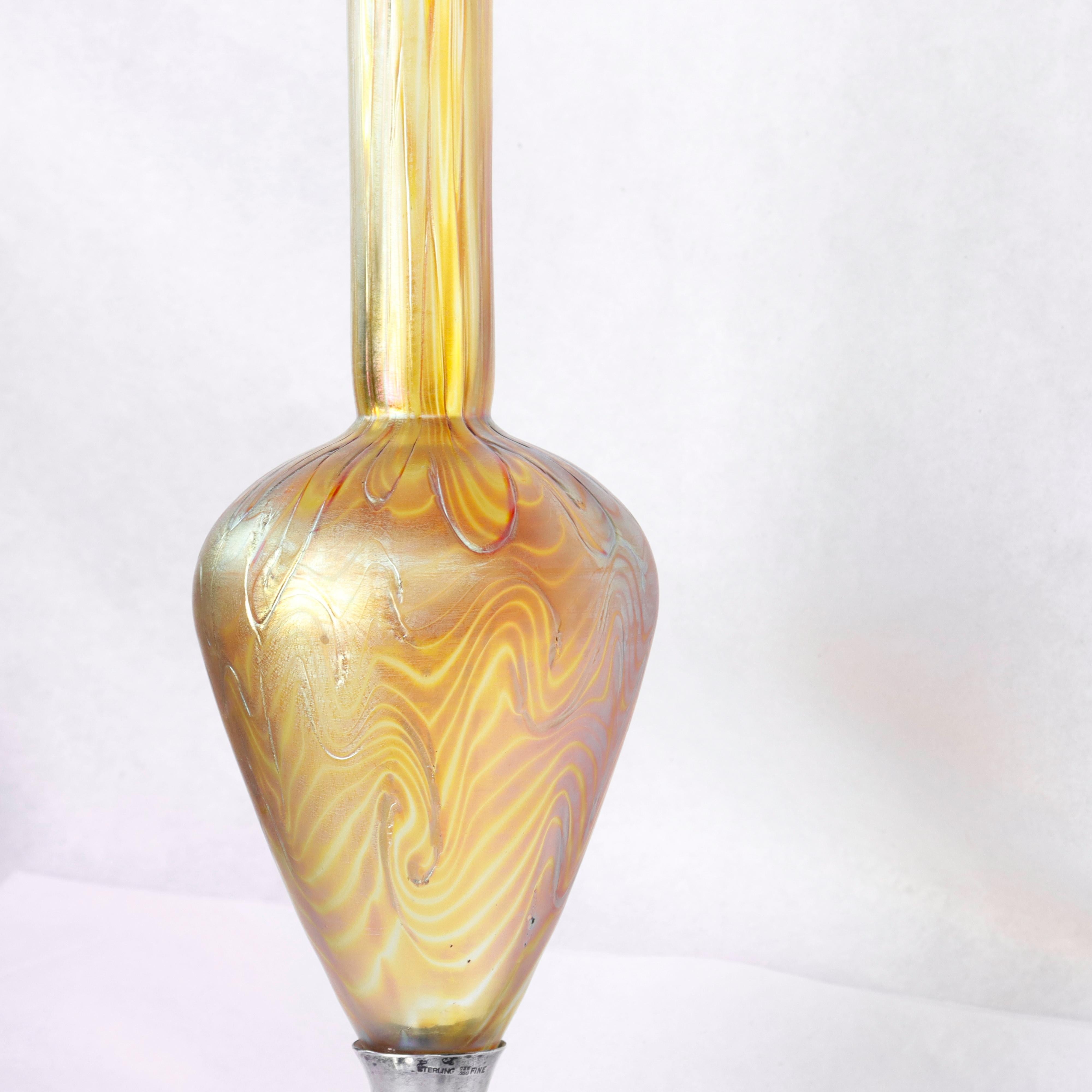 Antique American Art Nouveau Sterling Silver & Loetz Phaenomen Art Glass Vase For Sale 8