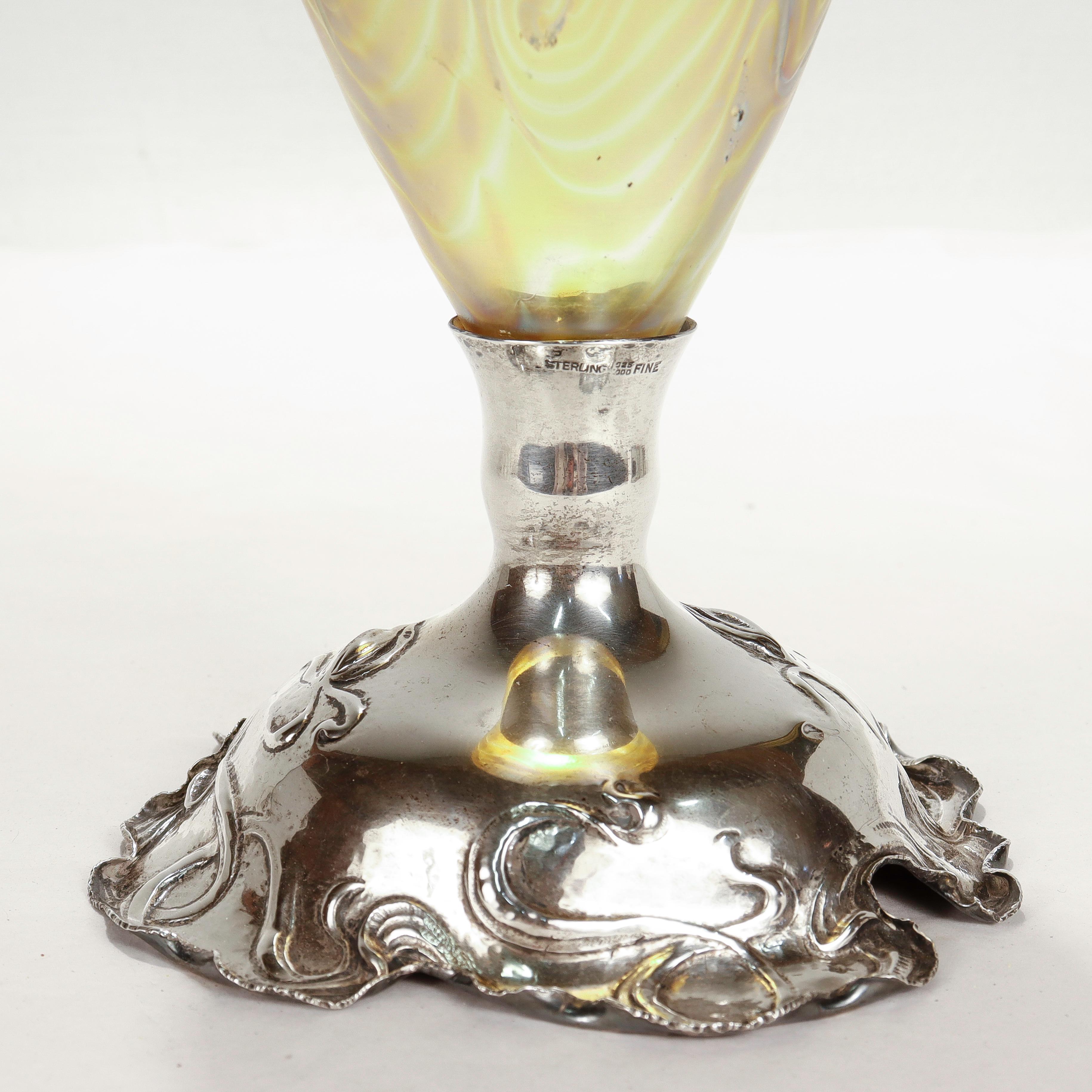 Antique American Art Nouveau Sterling Silver & Loetz Phaenomen Art Glass Vase For Sale 14