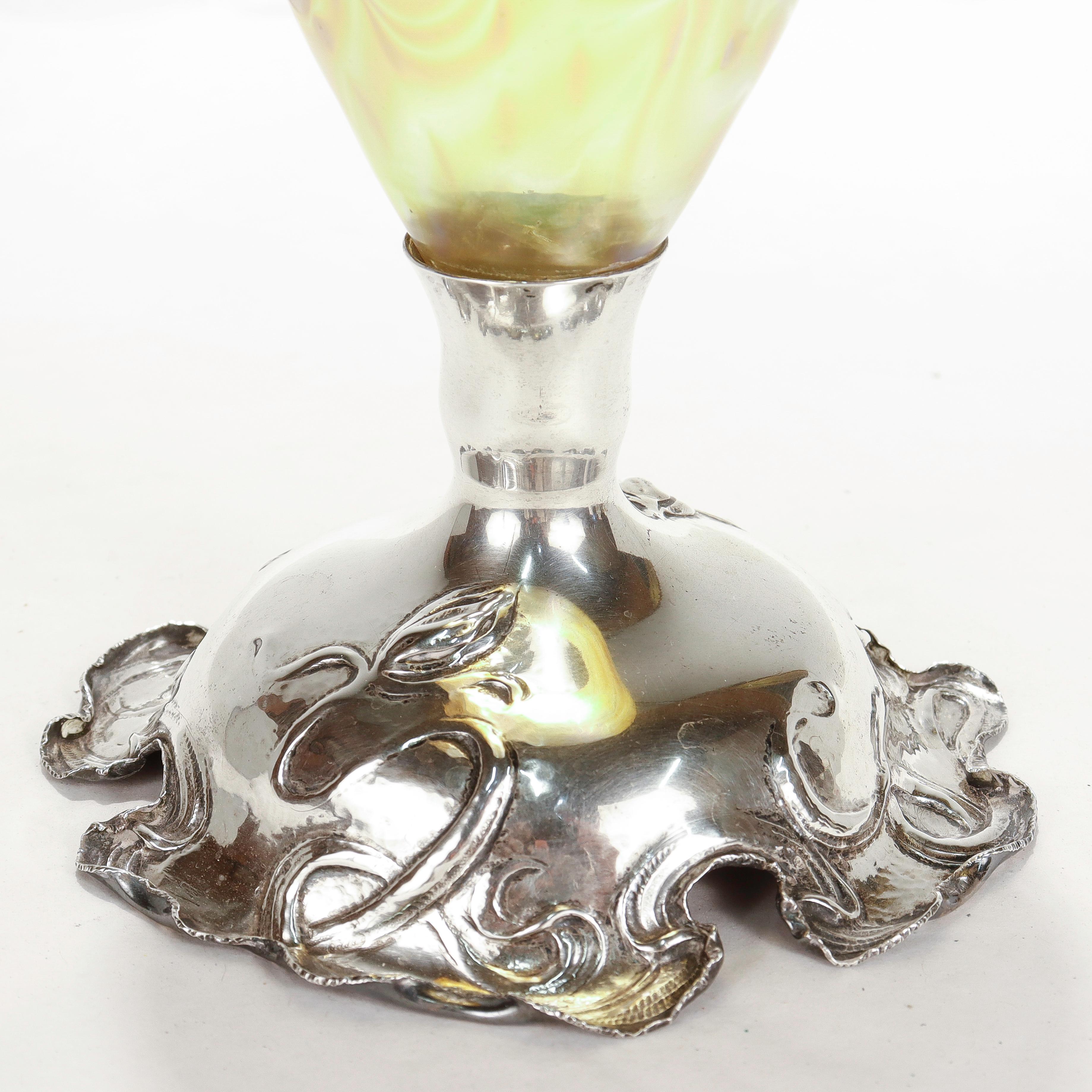 Antiguo jarrón Art Nouveau de plata de ley y Loetz Candia Phaenomen Art Glass en venta 14