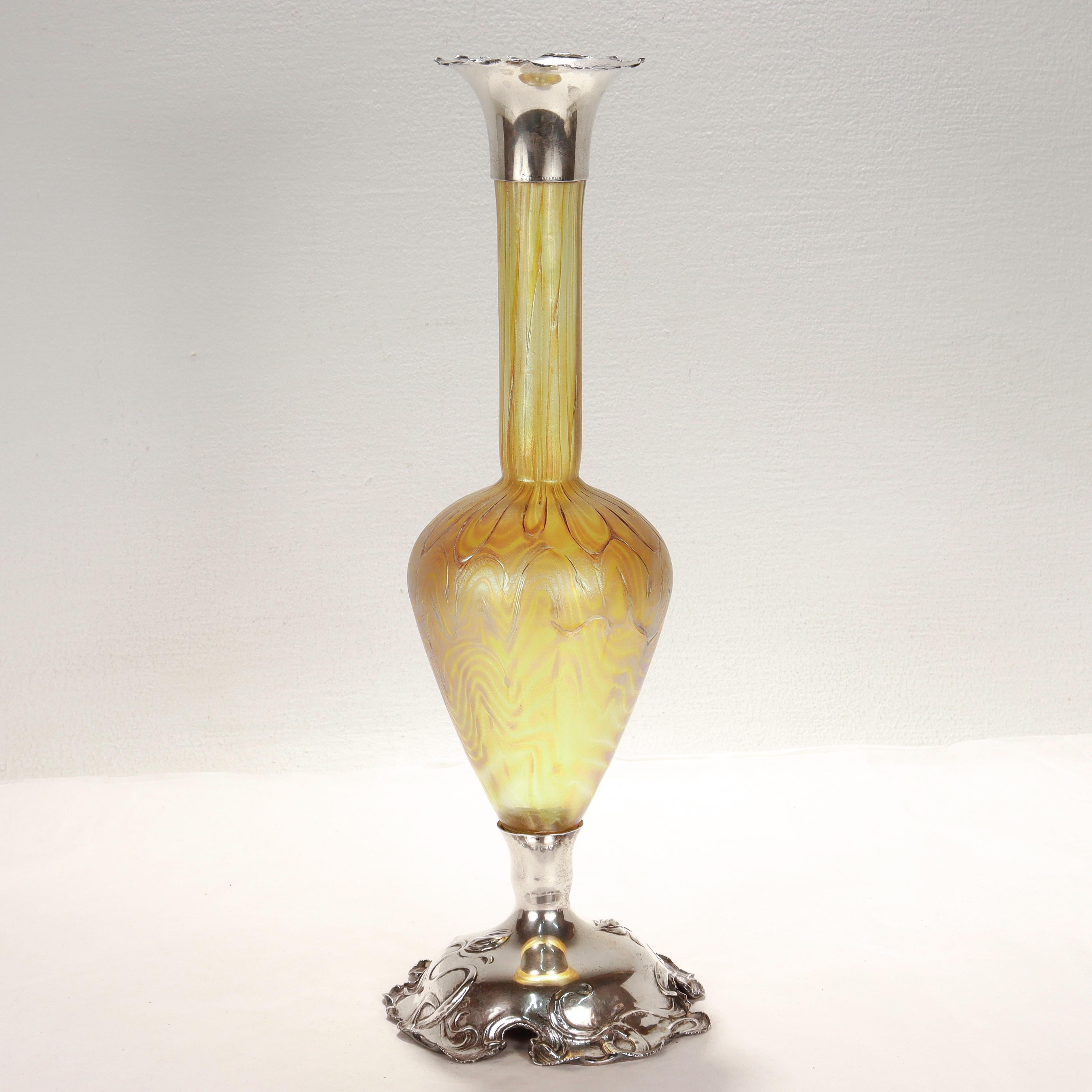 Antique American Art Nouveau Sterling Silver & Loetz Phaenomen Art Glass Vase For Sale 1