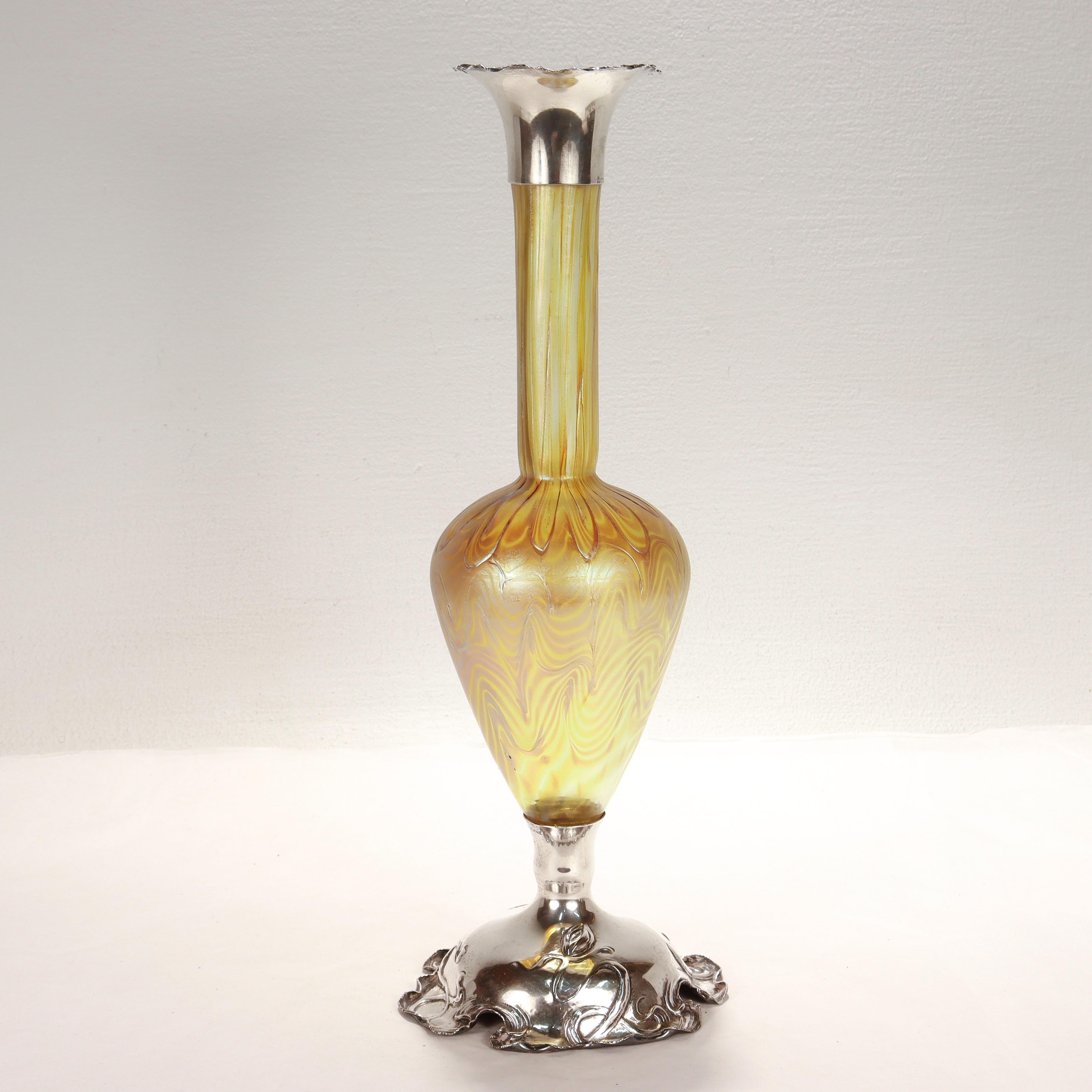 Antique American Art Nouveau Sterling Silver & Loetz Phaenomen Art Glass Vase For Sale 2