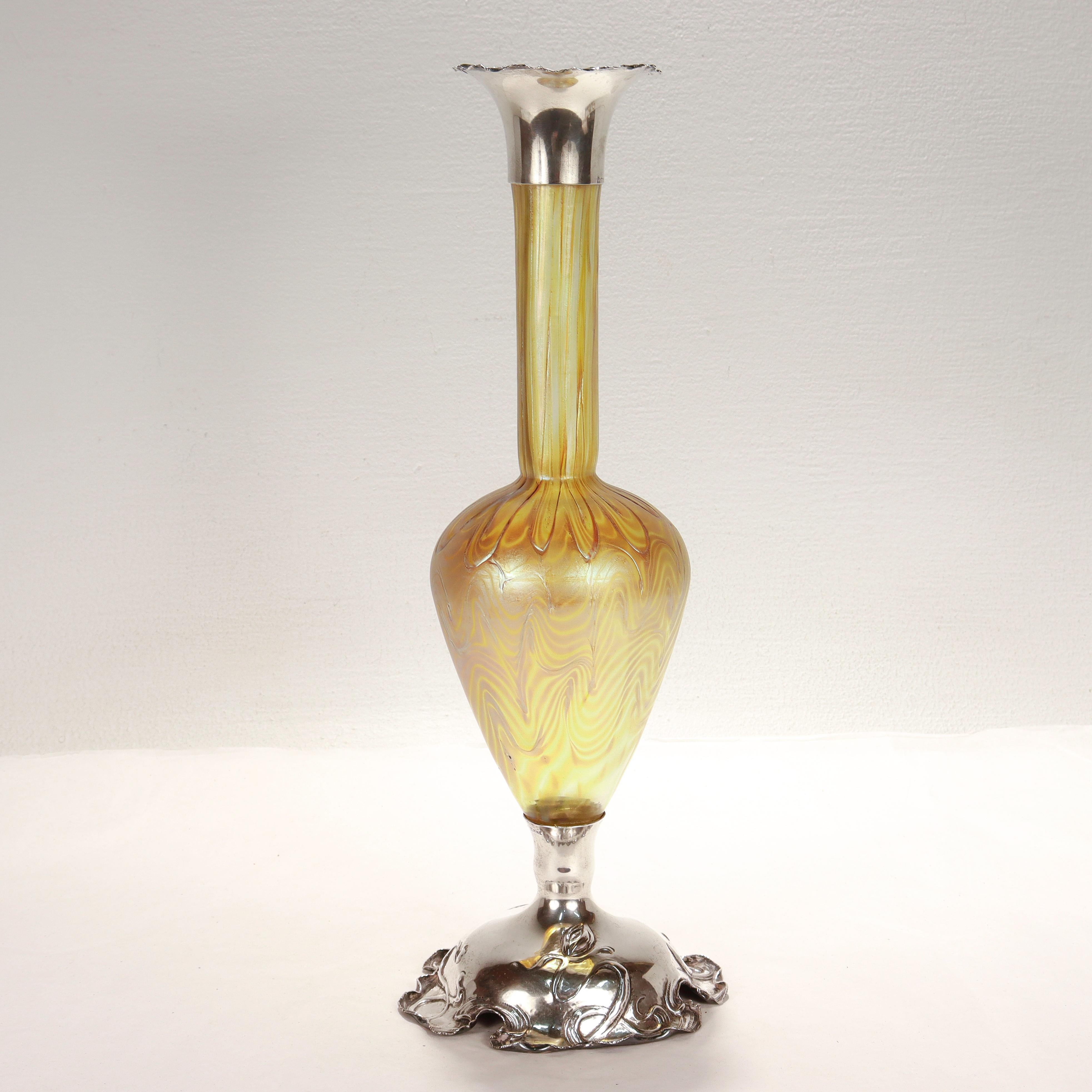 Antiguo jarrón Art Nouveau de plata de ley y Loetz Candia Phaenomen Art Glass en venta 1