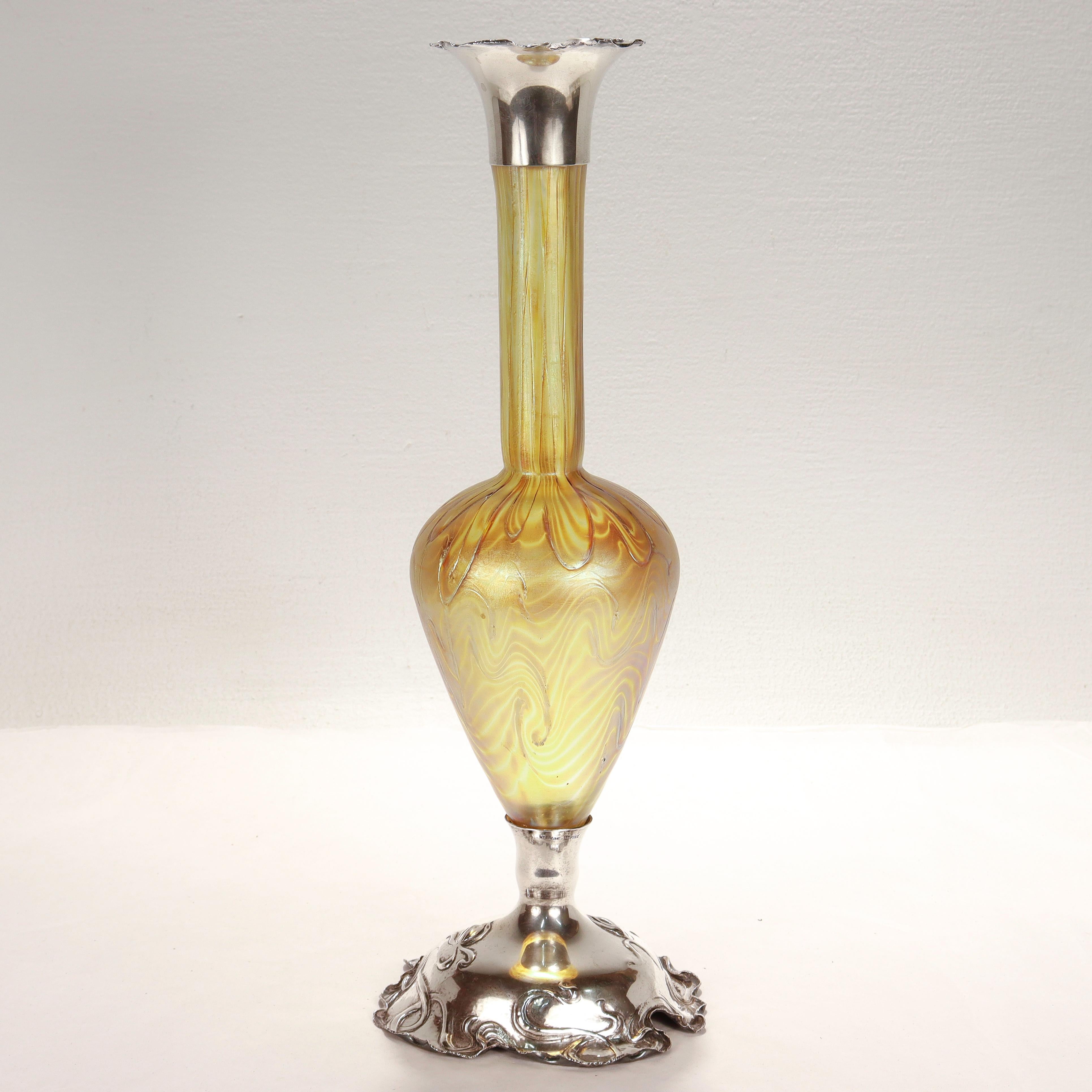 Antique American Art Nouveau Sterling Silver & Loetz Phaenomen Art Glass Vase For Sale 3