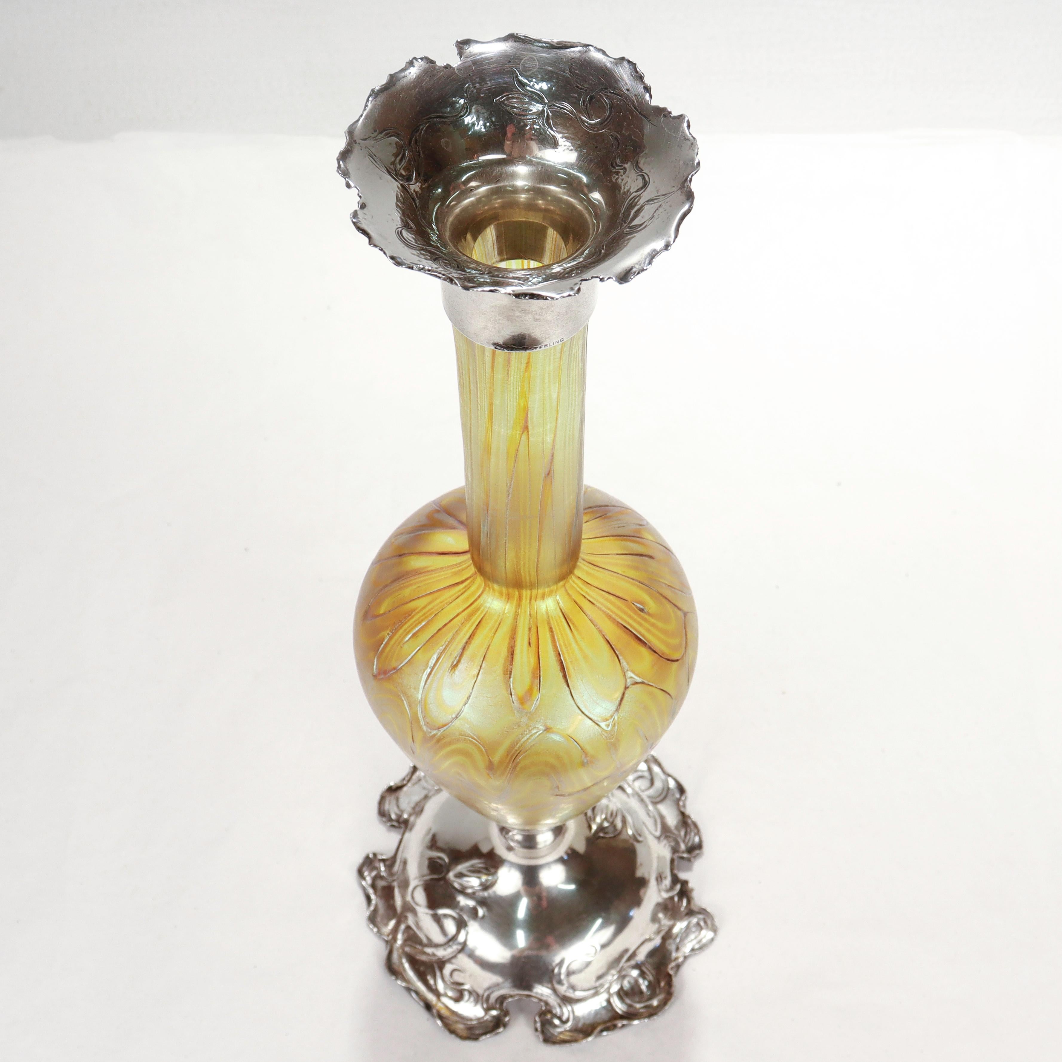 Antique American Art Nouveau Sterling Silver & Loetz Phaenomen Art Glass Vase For Sale 4