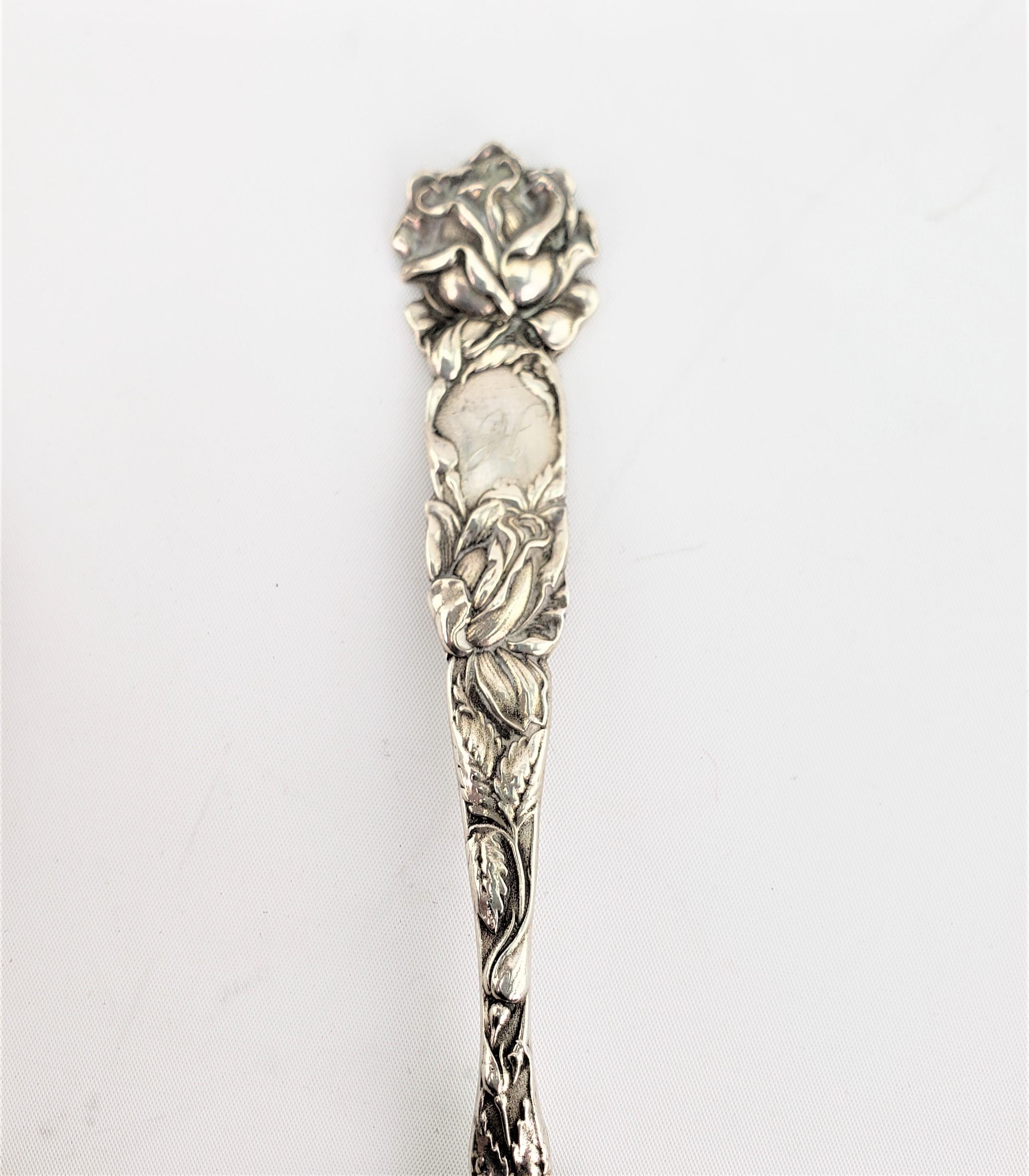 Machine-Made Antique American Art Nouveau Sterling Silver Serving Spoon Set with Floral Motif For Sale