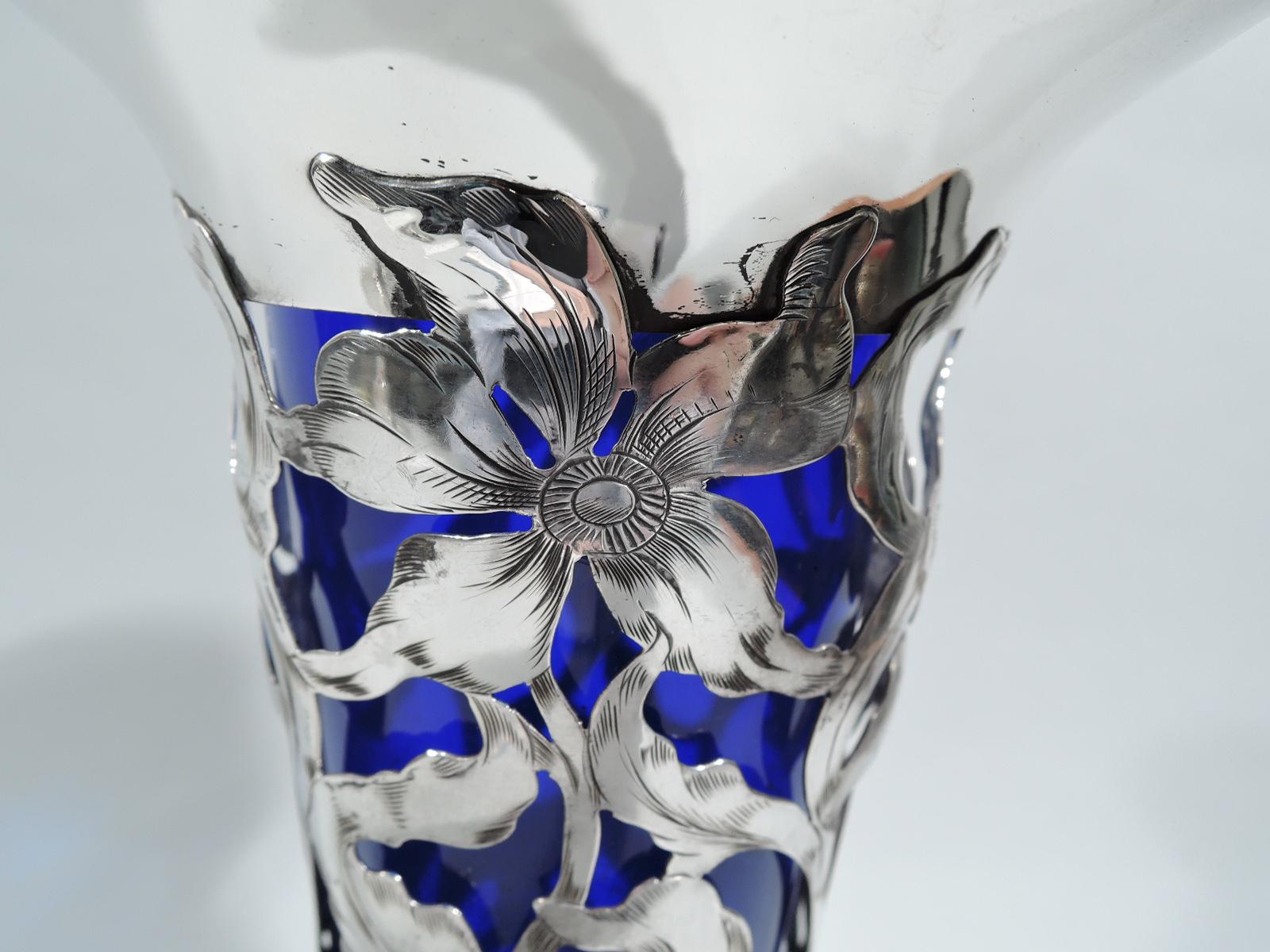 20th Century Antique American Art Nouveau Sterling Silver Vase with Cobalt Liner