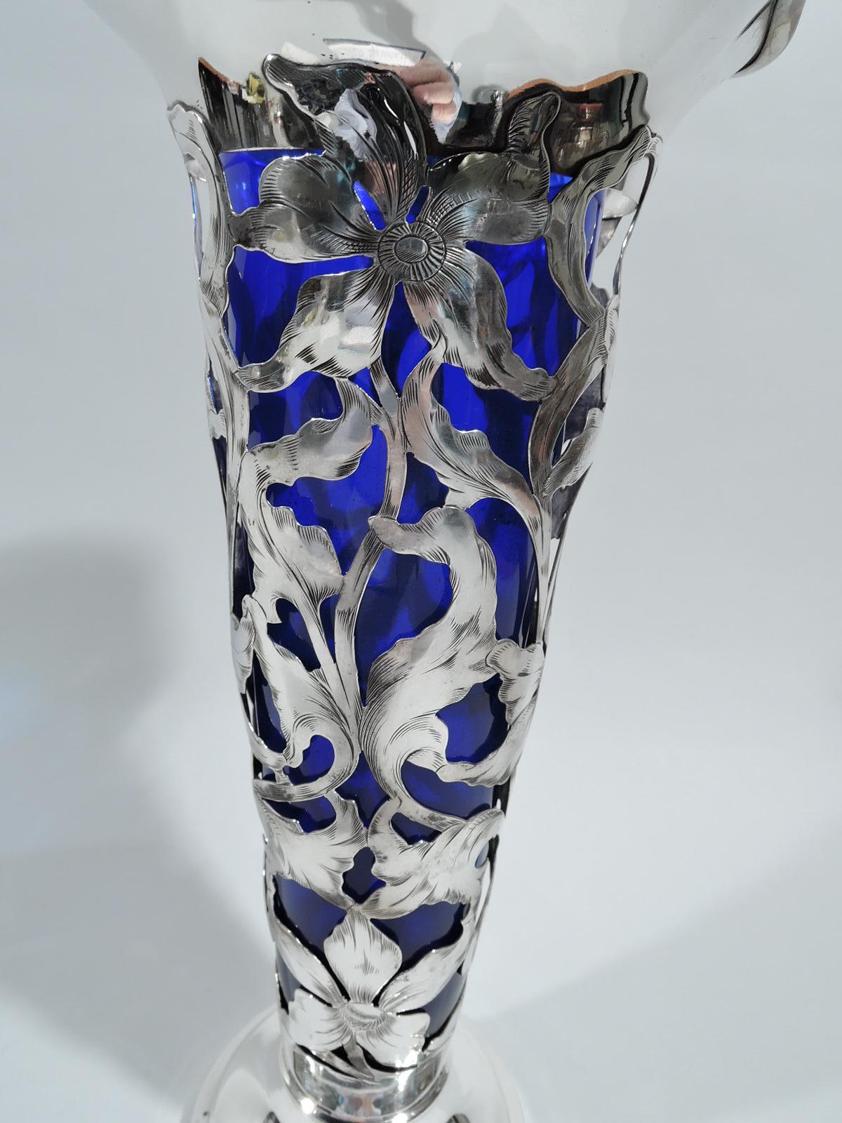 Antique American Art Nouveau Sterling Silver Vase with Cobalt Liner 1