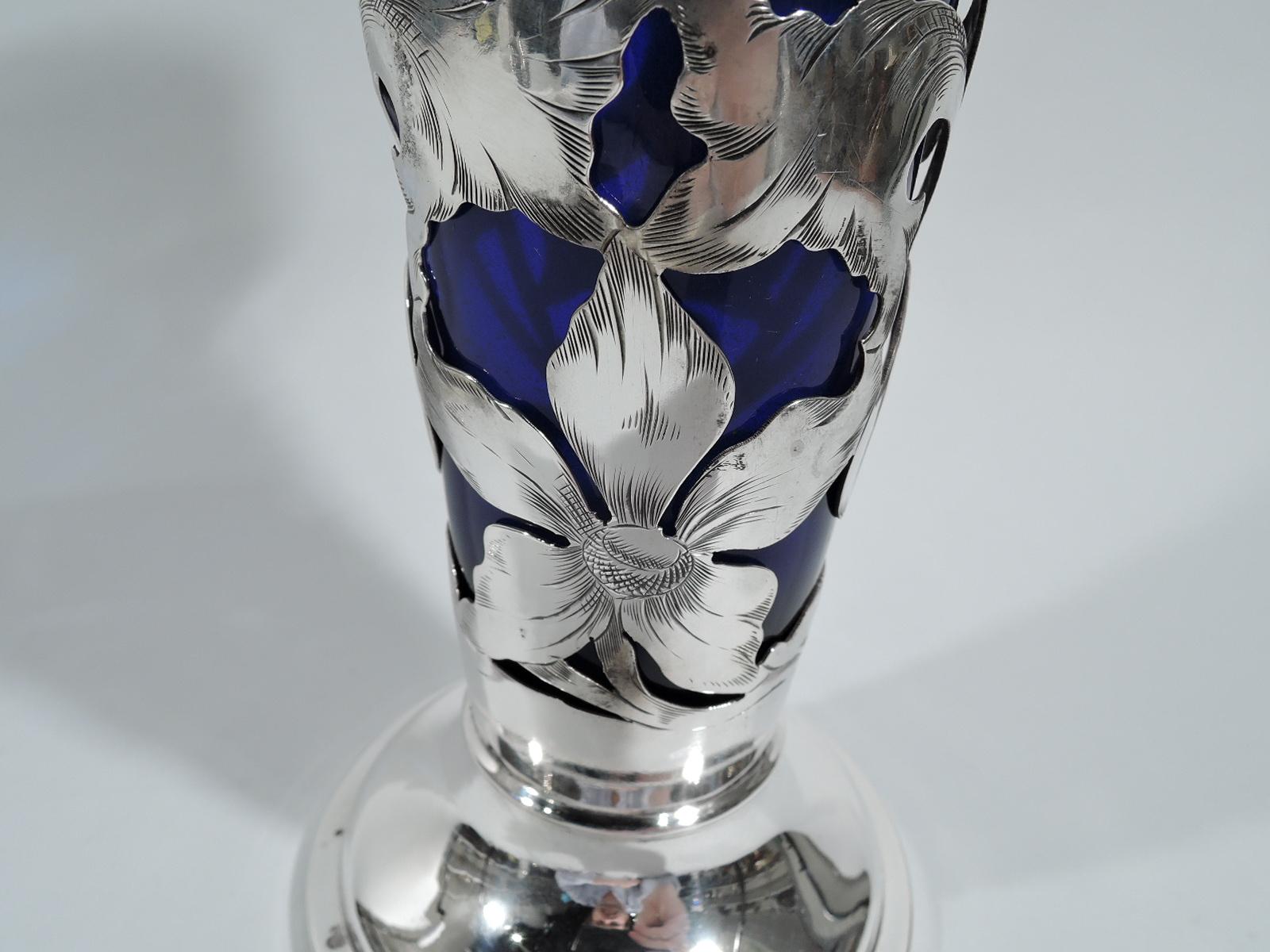 Antique American Art Nouveau Sterling Silver Vase with Cobalt Liner 2