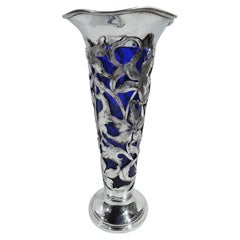 Antique American Art Nouveau Sterling Silver Vase with Cobalt Liner
